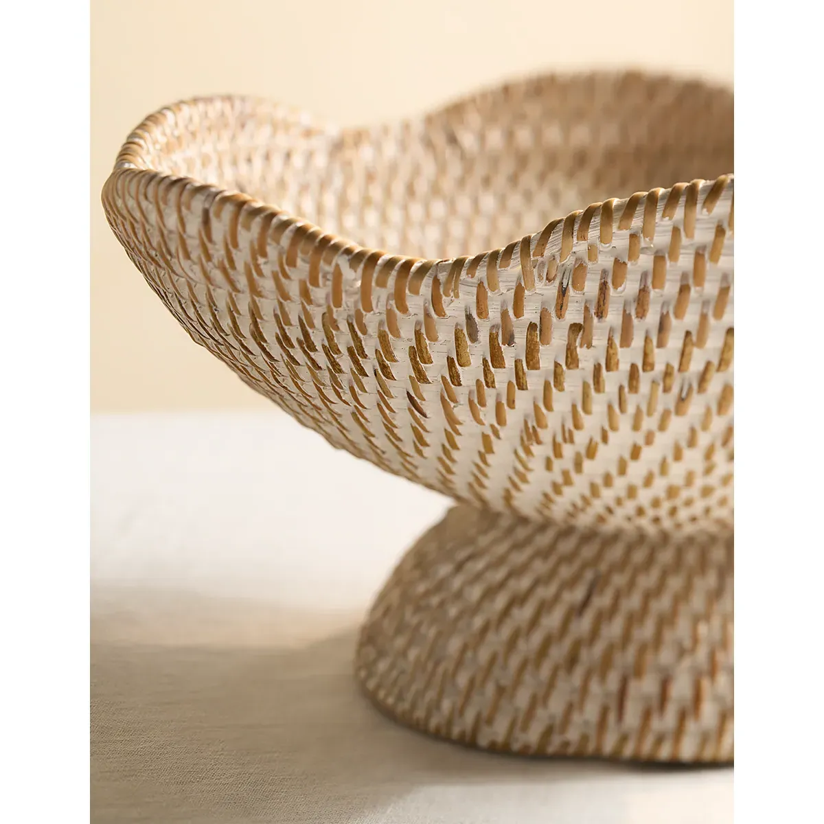Whitewashed Rattan Scalloped Bowl - White alternate view