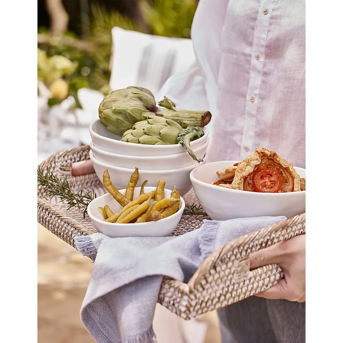 Whitewashed Rattan Serving Tray - White alternate view