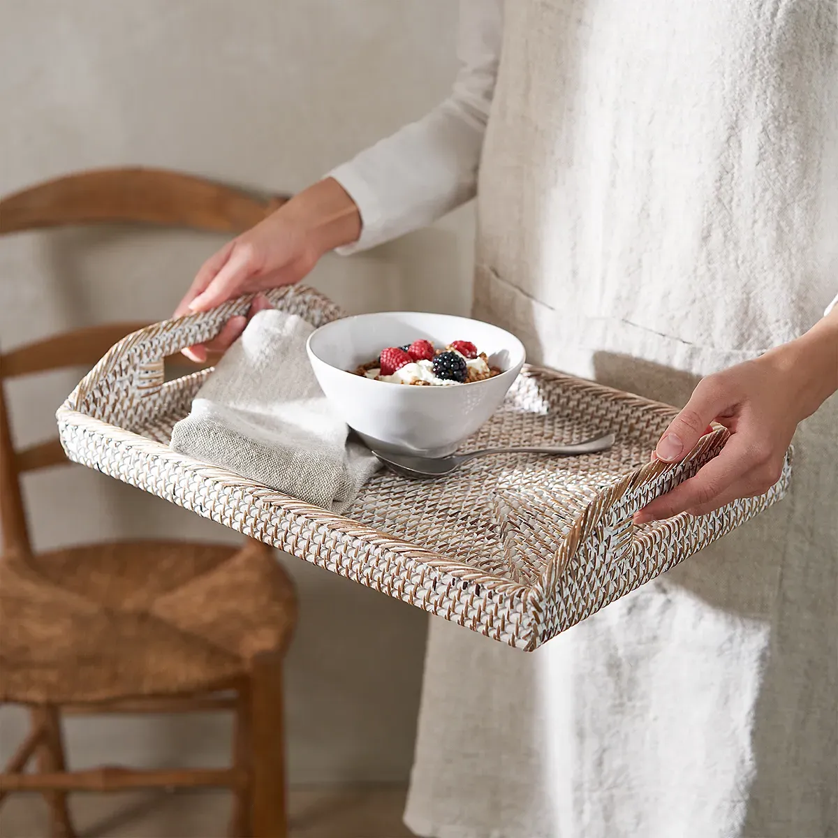 Whitewashed Rattan Serving Tray - White product
