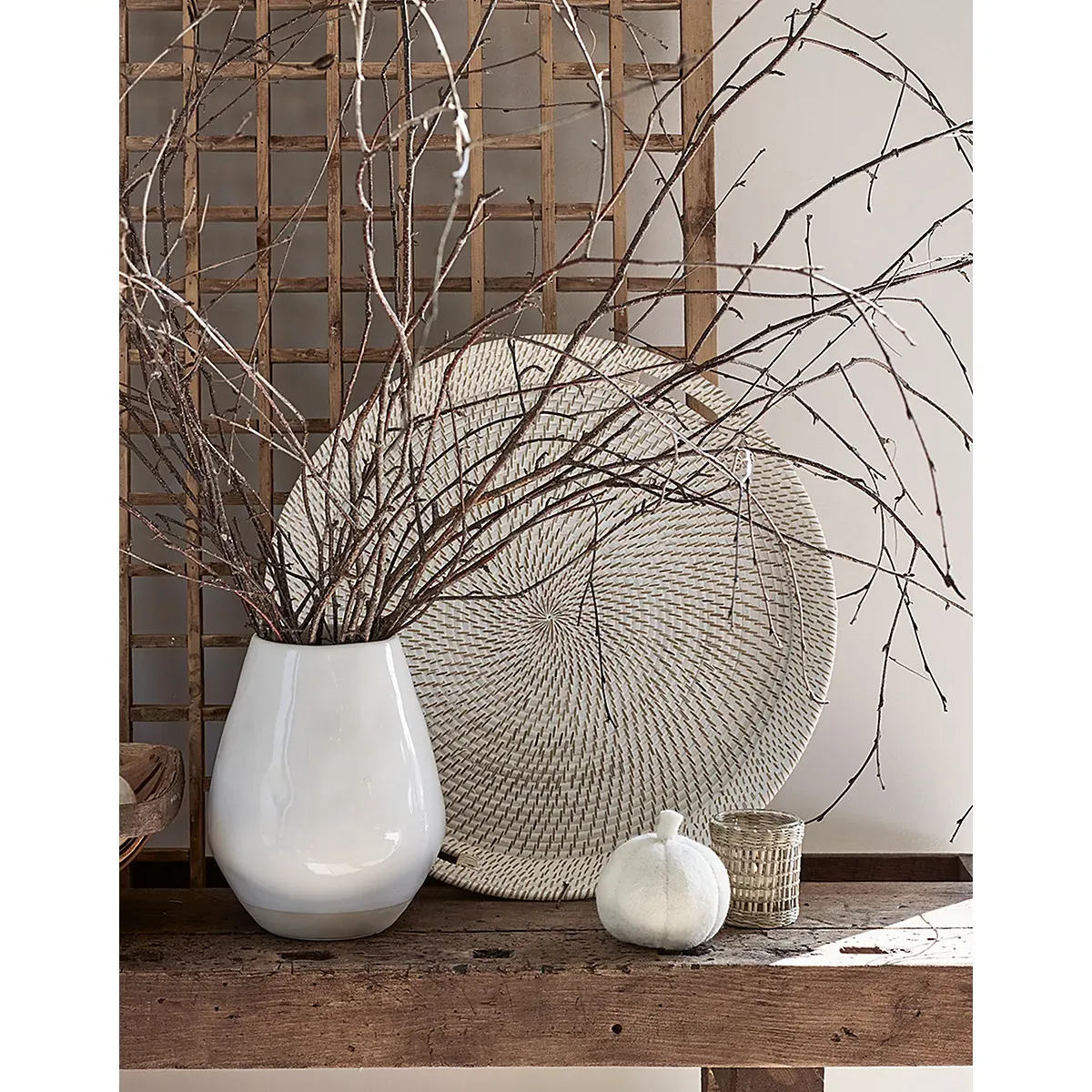 Whitewashed Round Oversized Tray - White, Rattan alternate view
