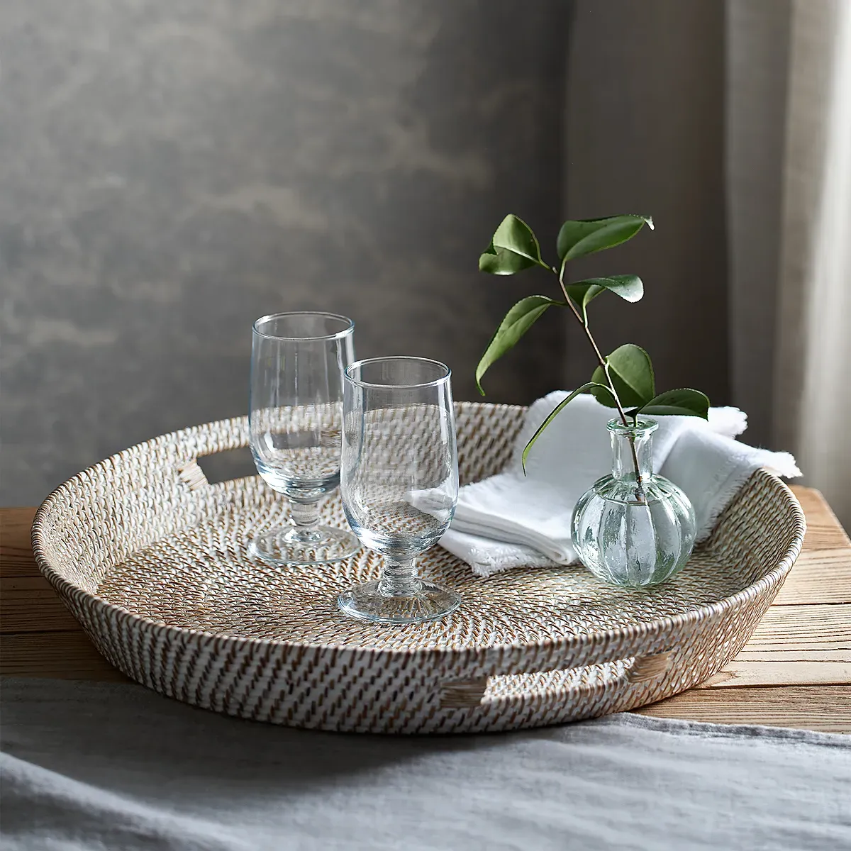 Whitewashed Round Oversized Tray - White, Rattan product
