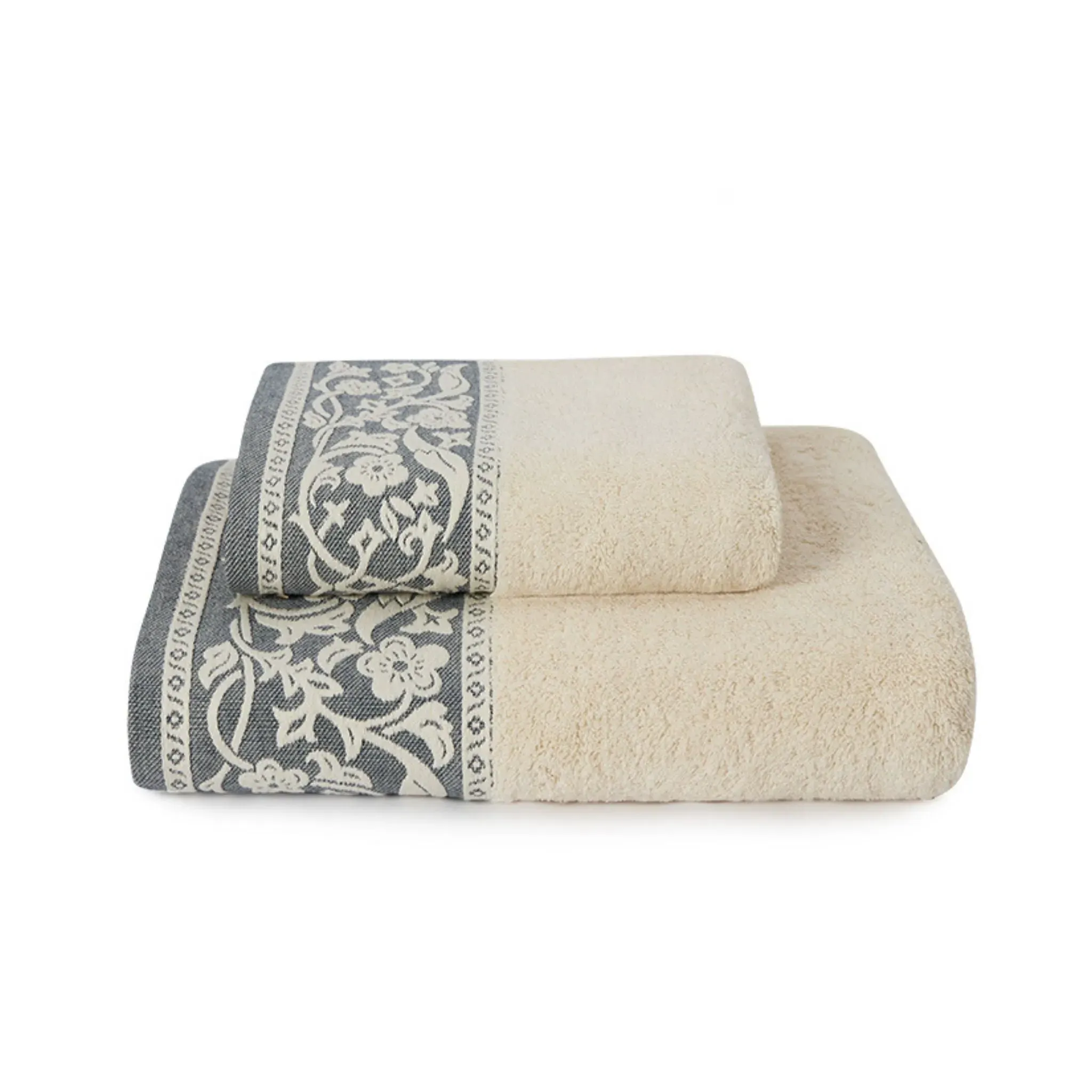 Bath Towel Set with Floral Motif - Blue, Cotton