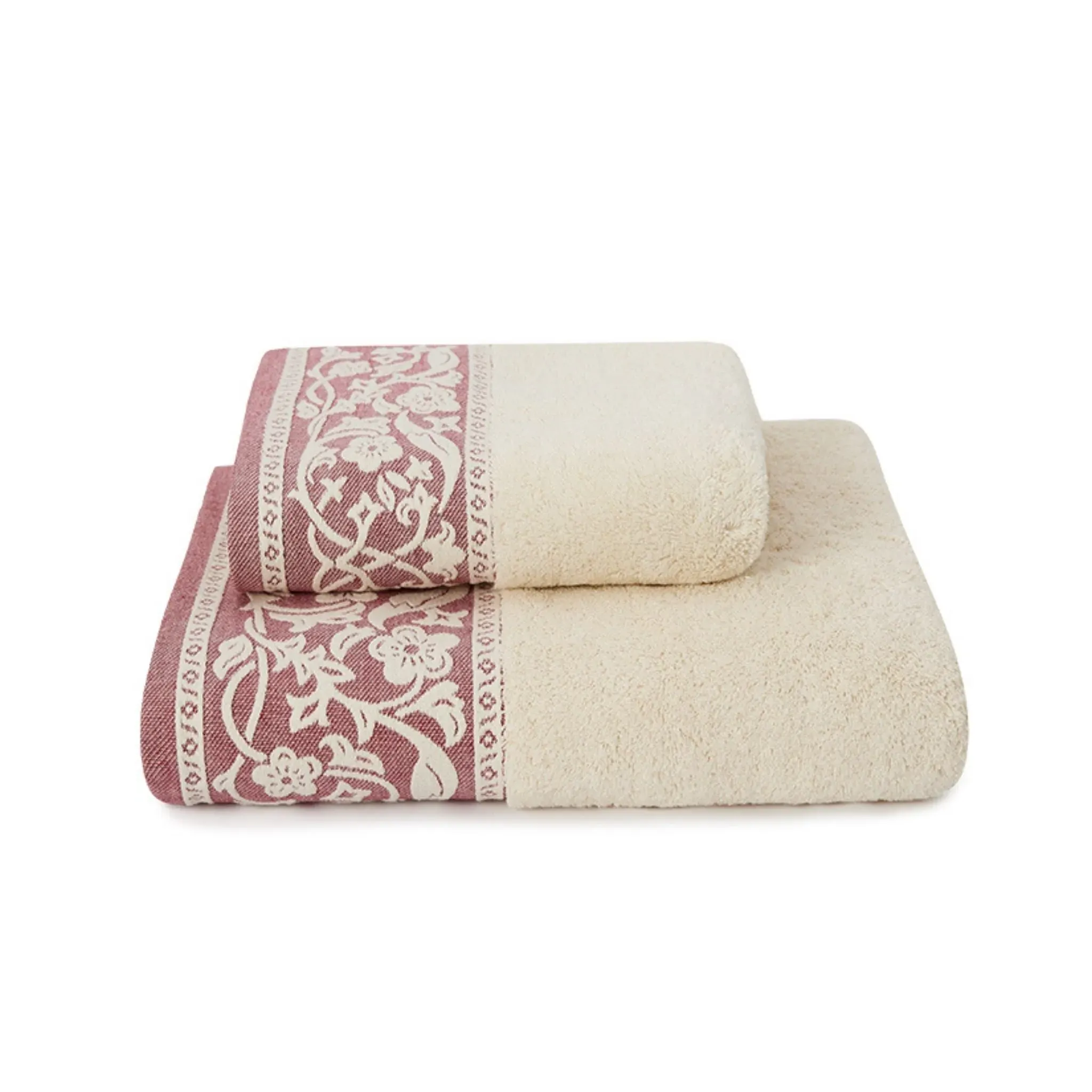 Bath Towel Set with Floral Motif - Natural, Cotton