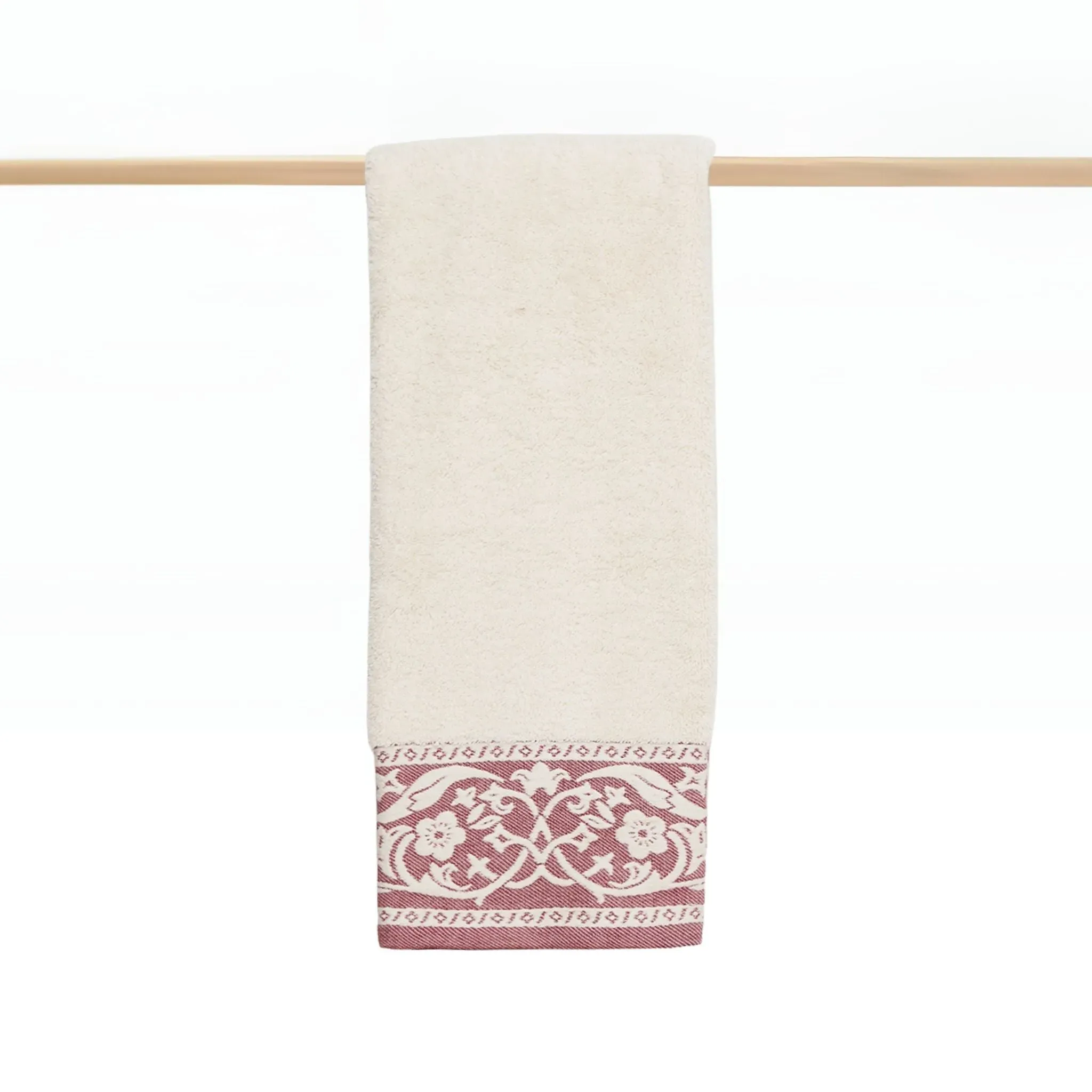 Bath Towel Set with Floral Motif - Natural, Cotton