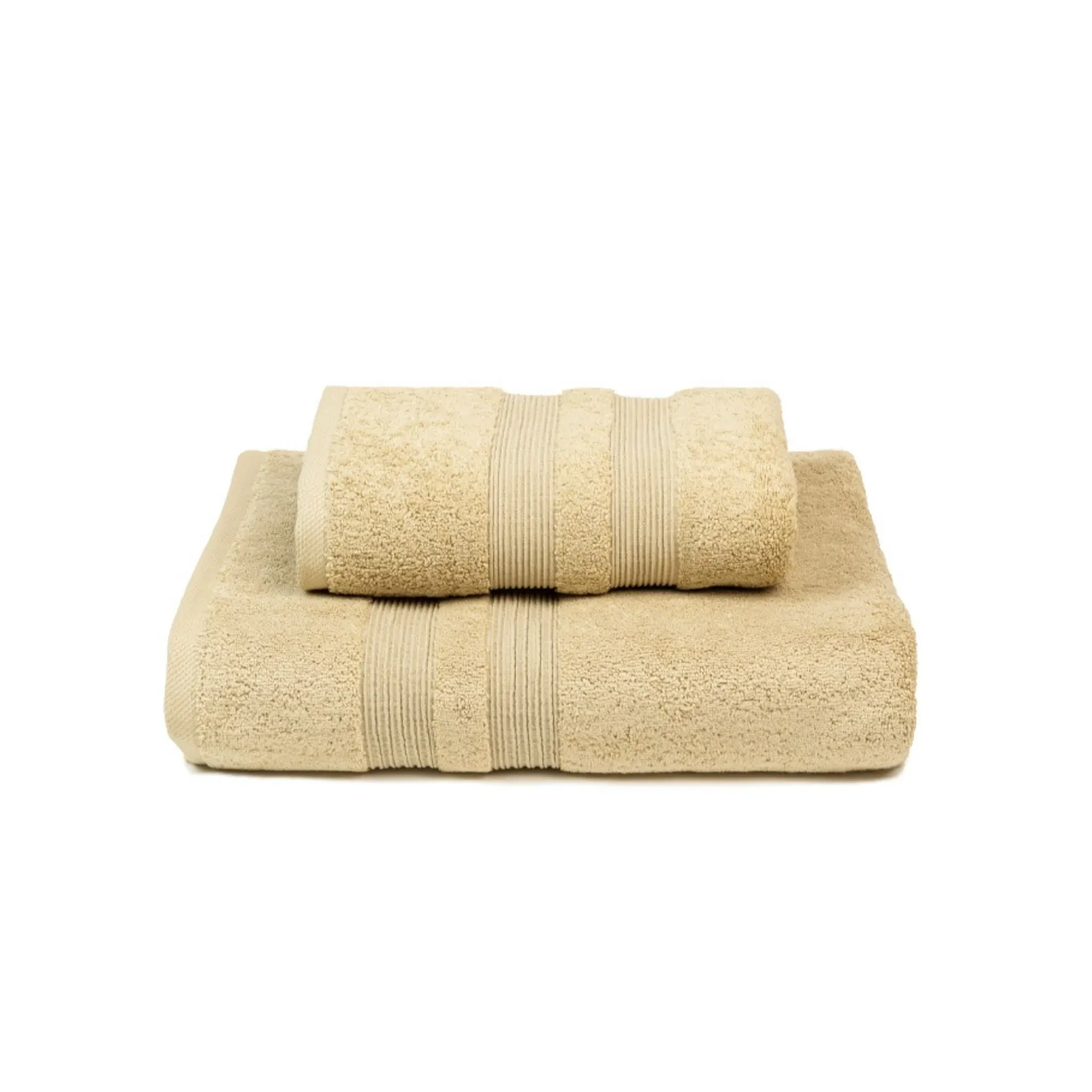 Bath Towel Set with Striped Bars - Khaki, Cotton
