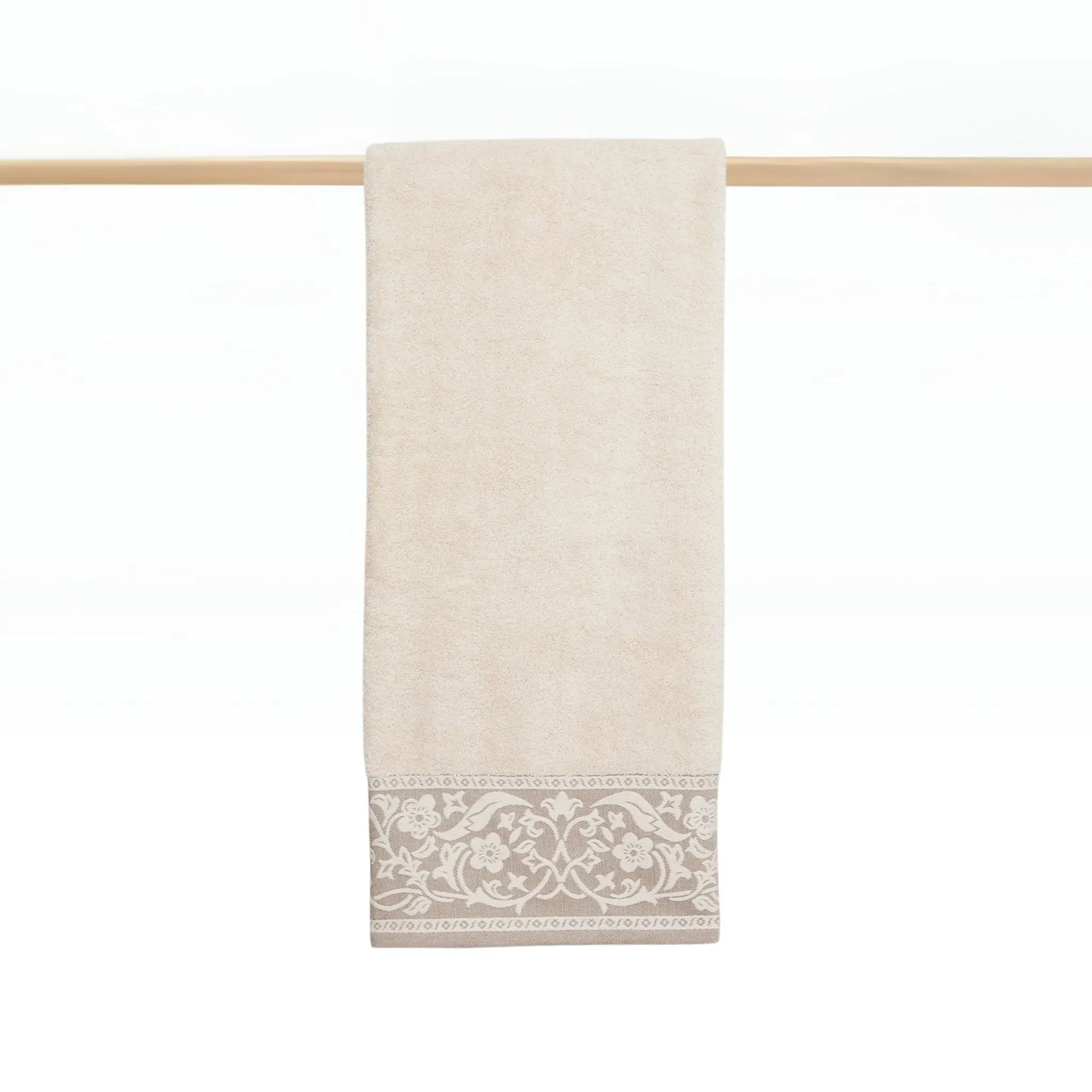 Bath Towel with Floral Motif - Beige, Cotton