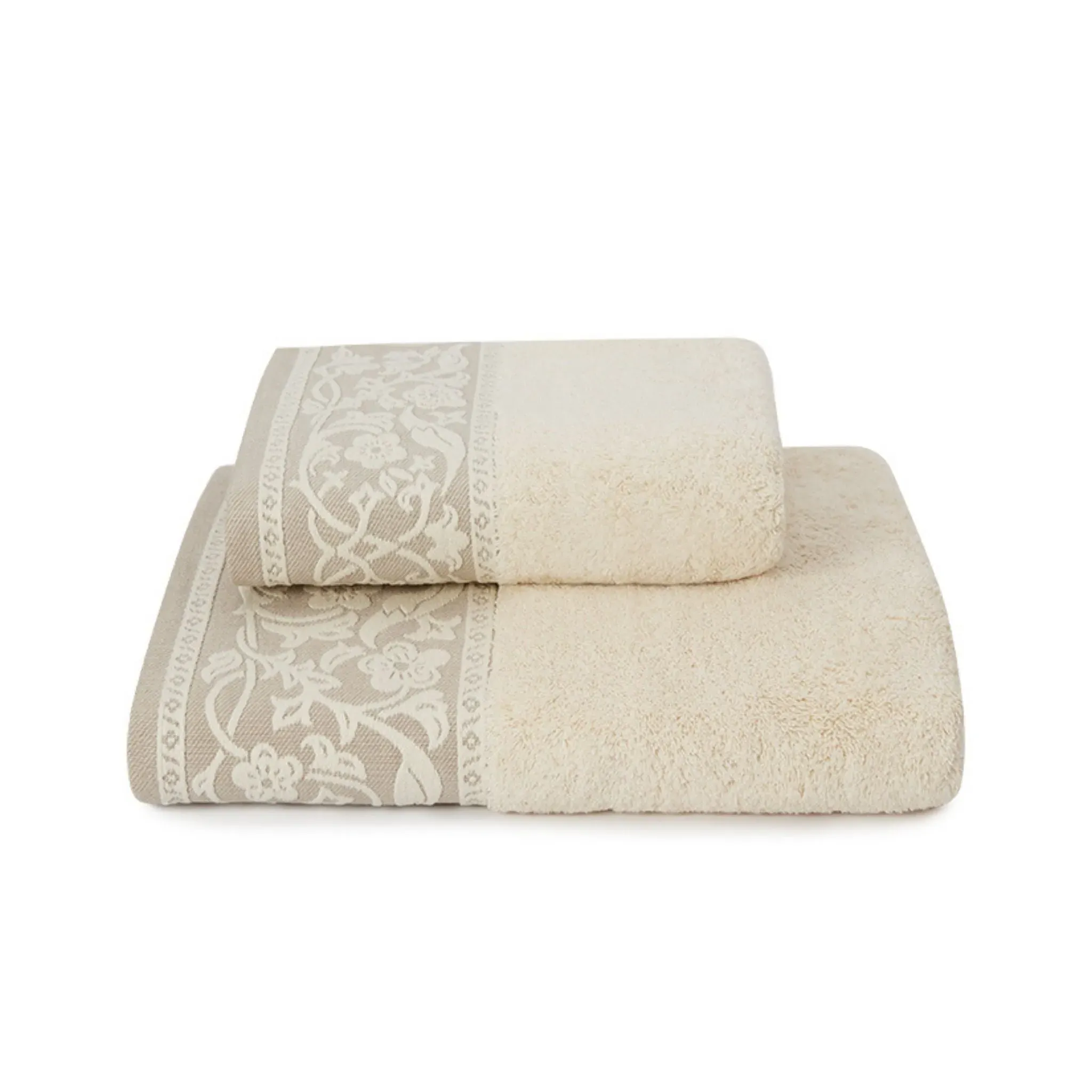 Bath Towel with Floral Motif - Beige, Cotton