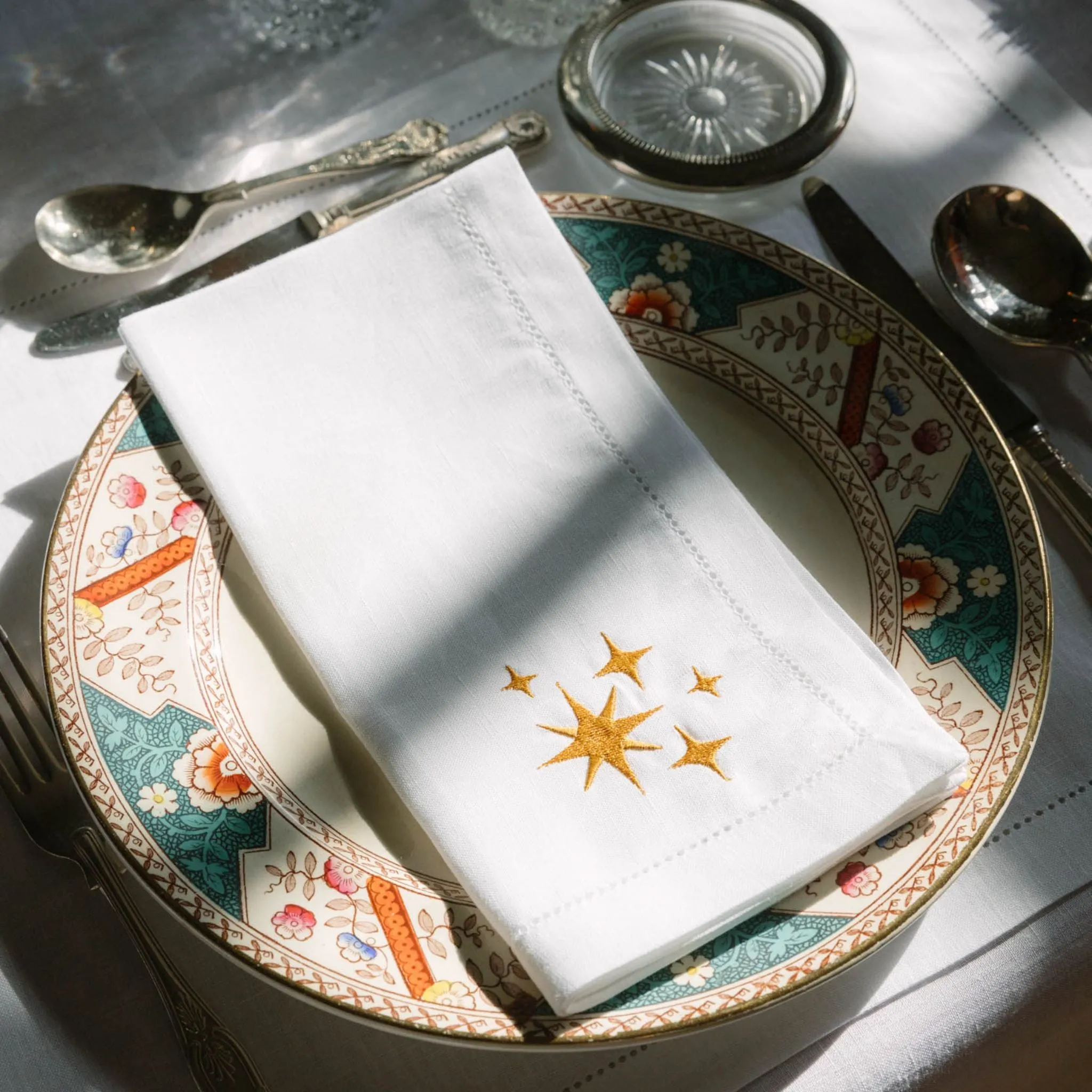 Christmas Embroidered Table Linen - Gold, Linen