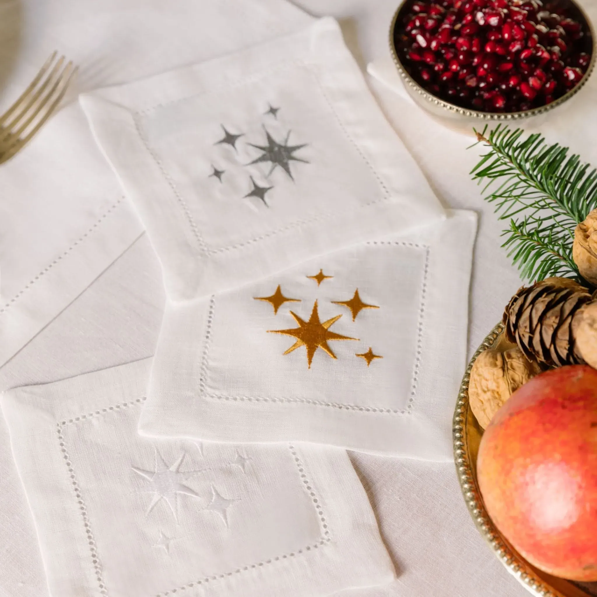 Christmas Embroidered Table Linen - Gold, Linen