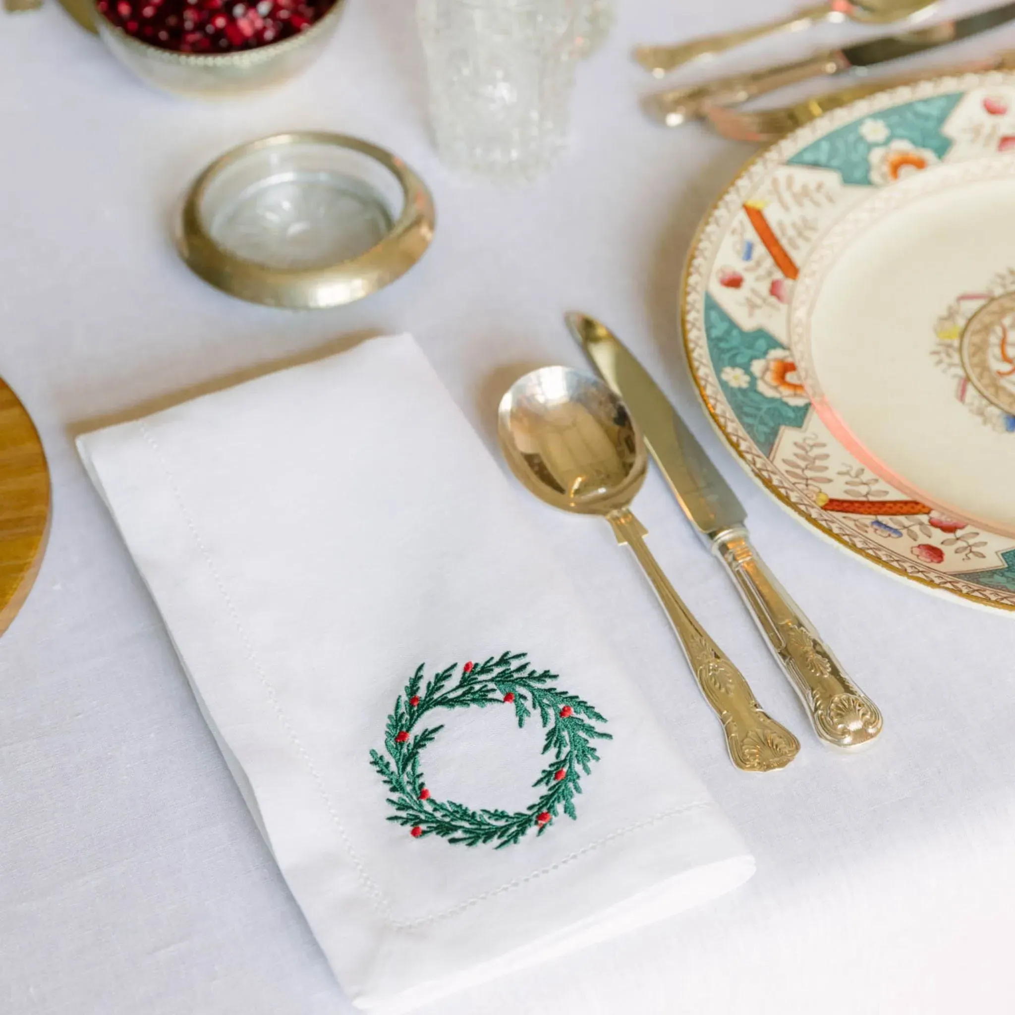 Christmas Embroidered Table Linen - Green, Linen
