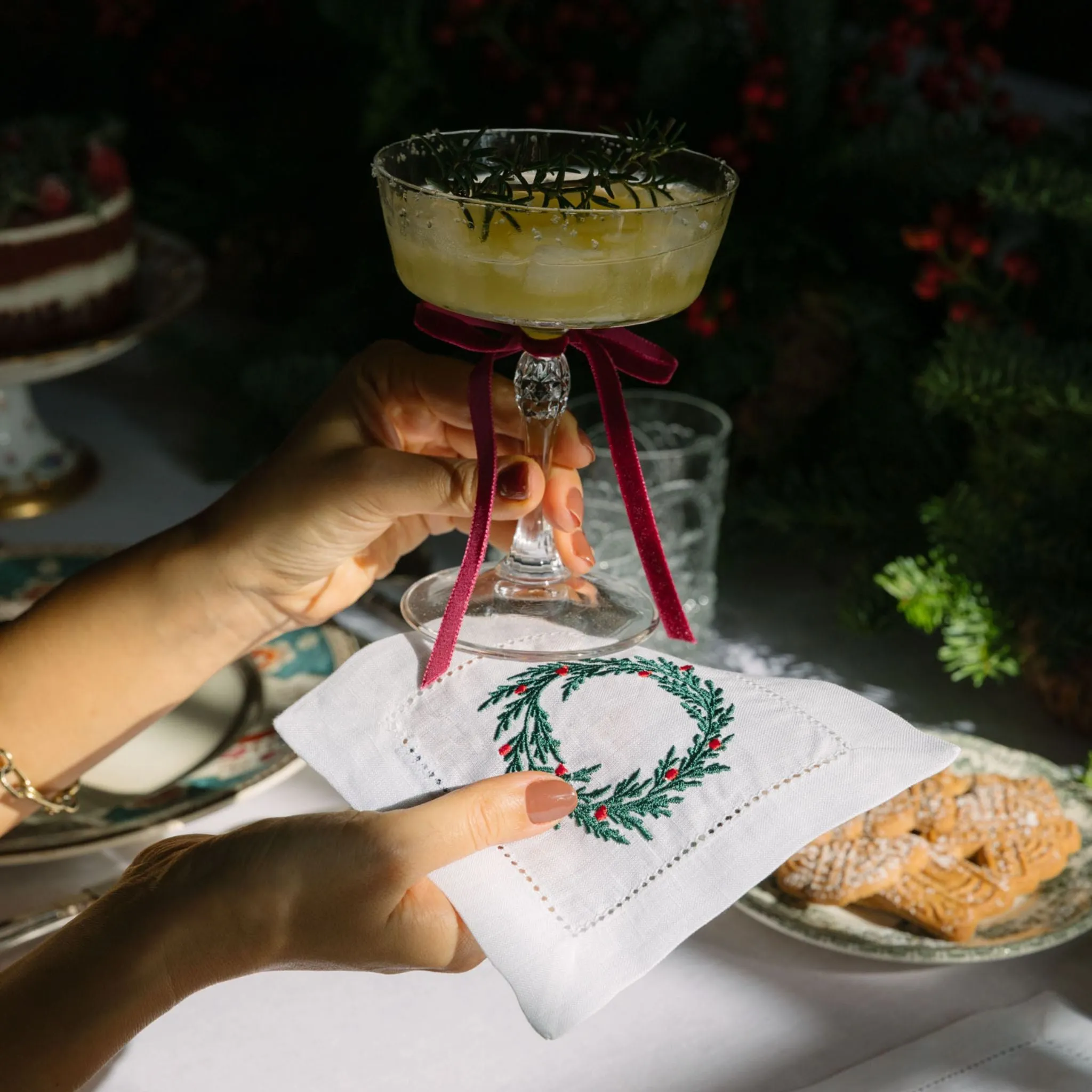 Christmas Embroidered Table Linen - Green, Linen