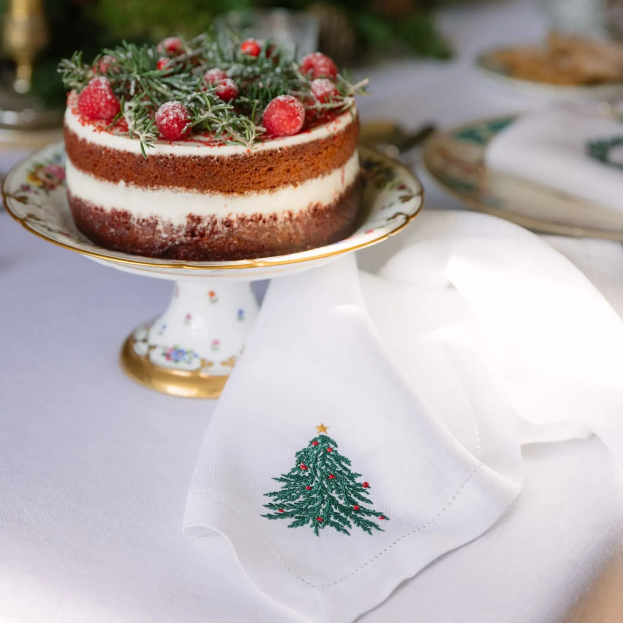 Christmas Embroidered Table Linen - Green, Linen