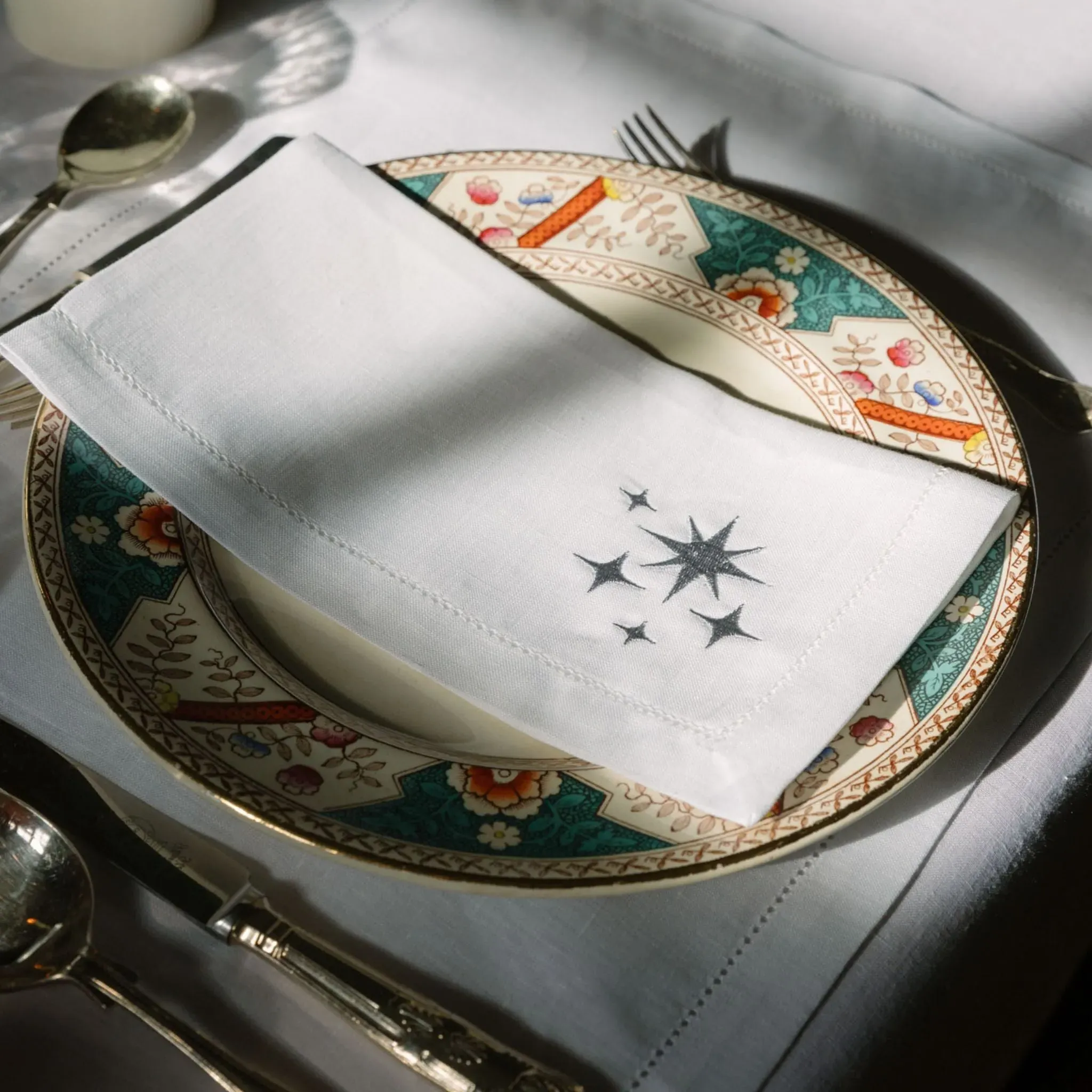 Christmas Embroidered Table Linen - Grey, Linen