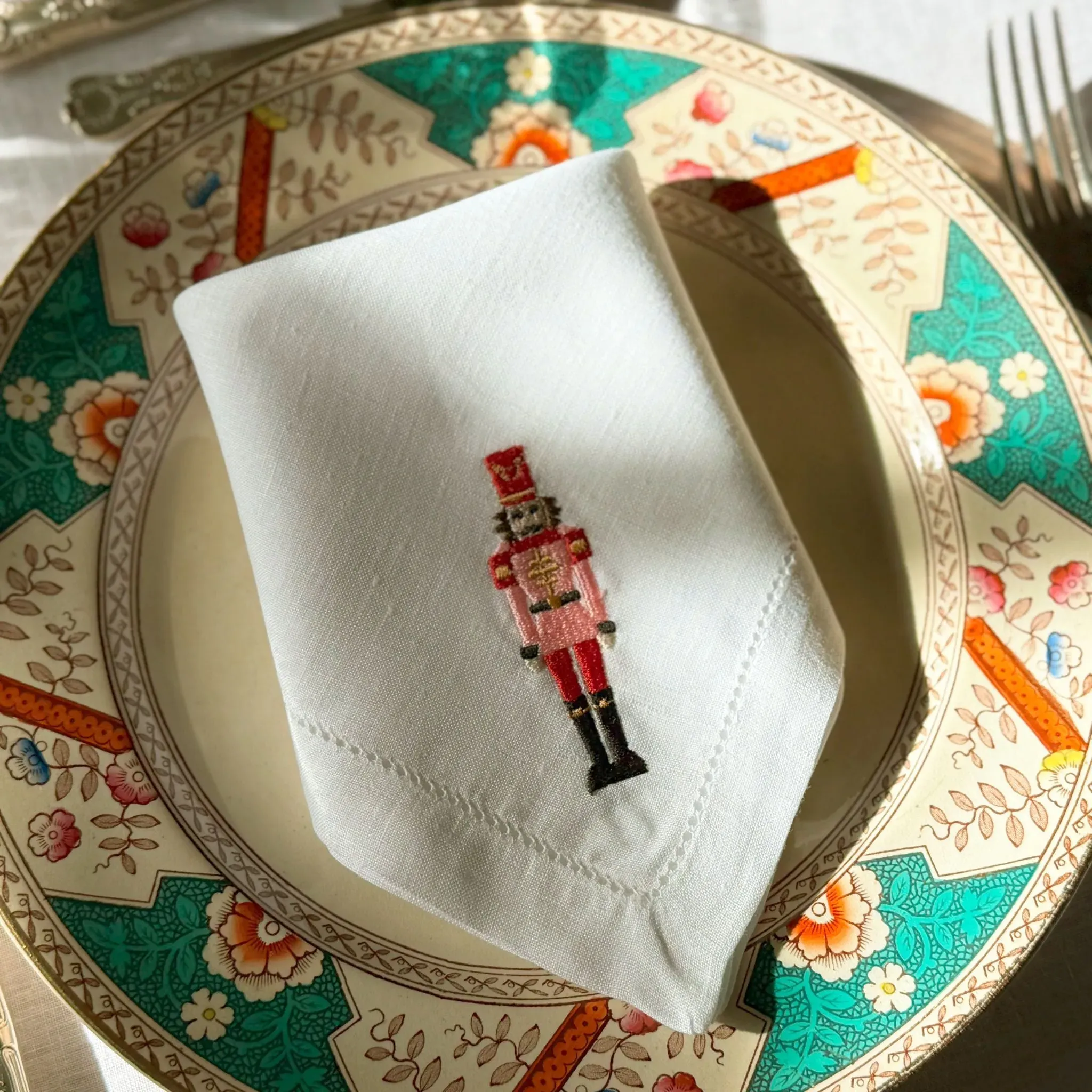Christmas Embroidered Table Linen - Pink, Linen