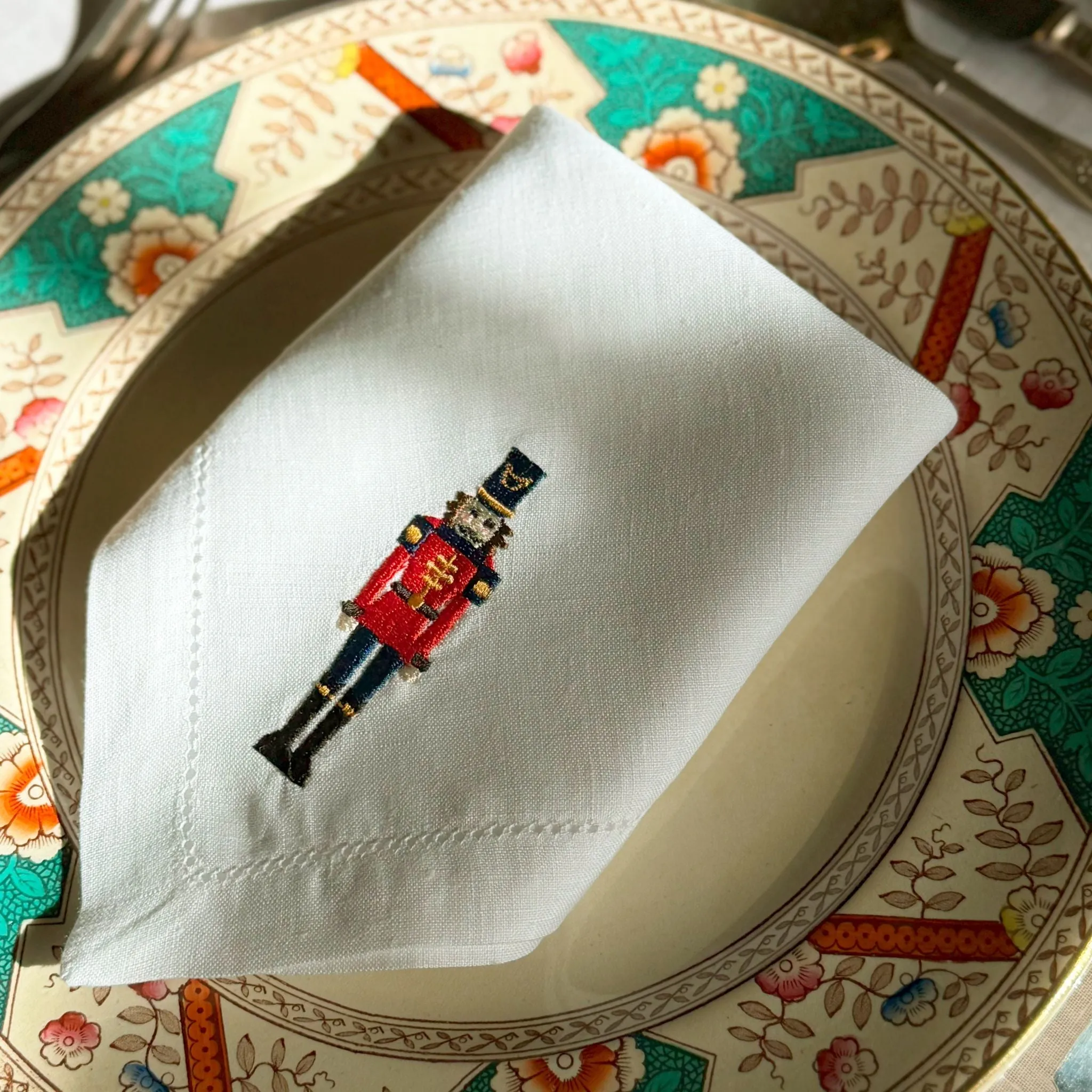 Christmas Embroidered Table Linen - Red, Linen