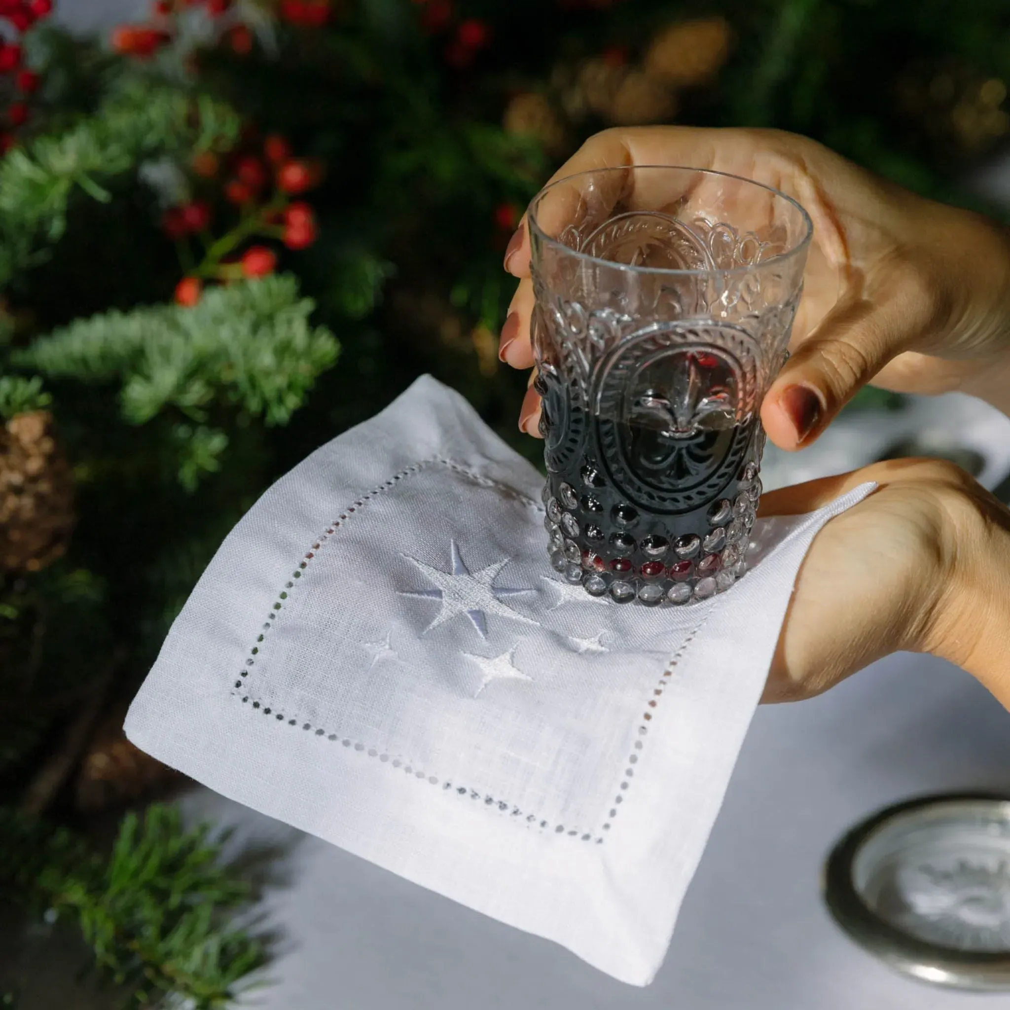 Christmas Embroidered Table Linen - White, Linen