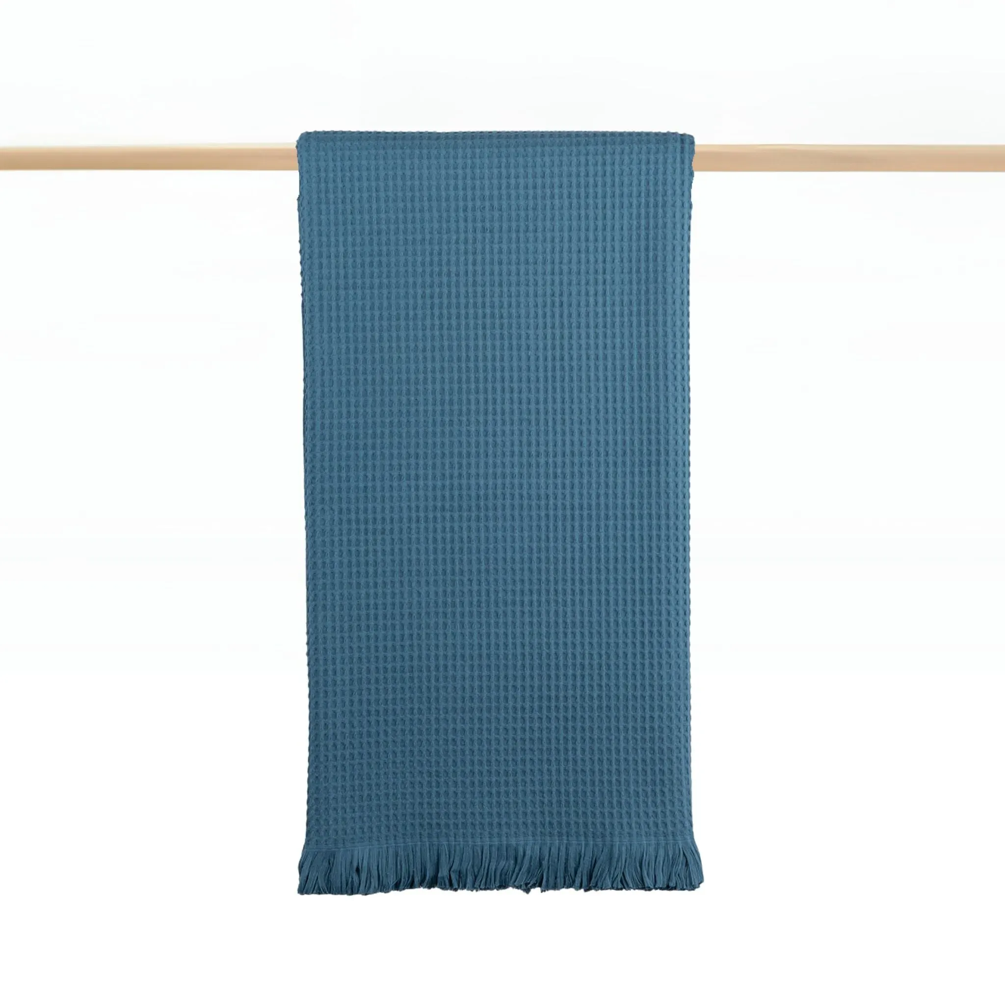 Honeycomb Bath Towel with Fringes - Blue, Cotton