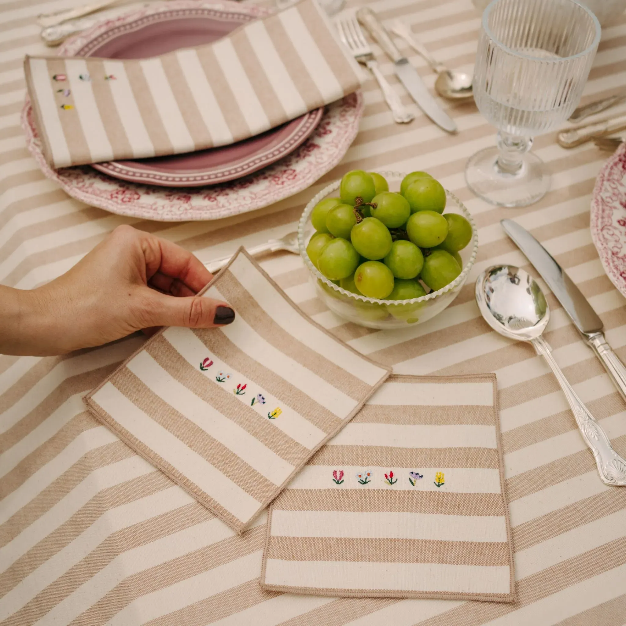 Napkin Set with Flower Embroidery - Beige, Cotton
