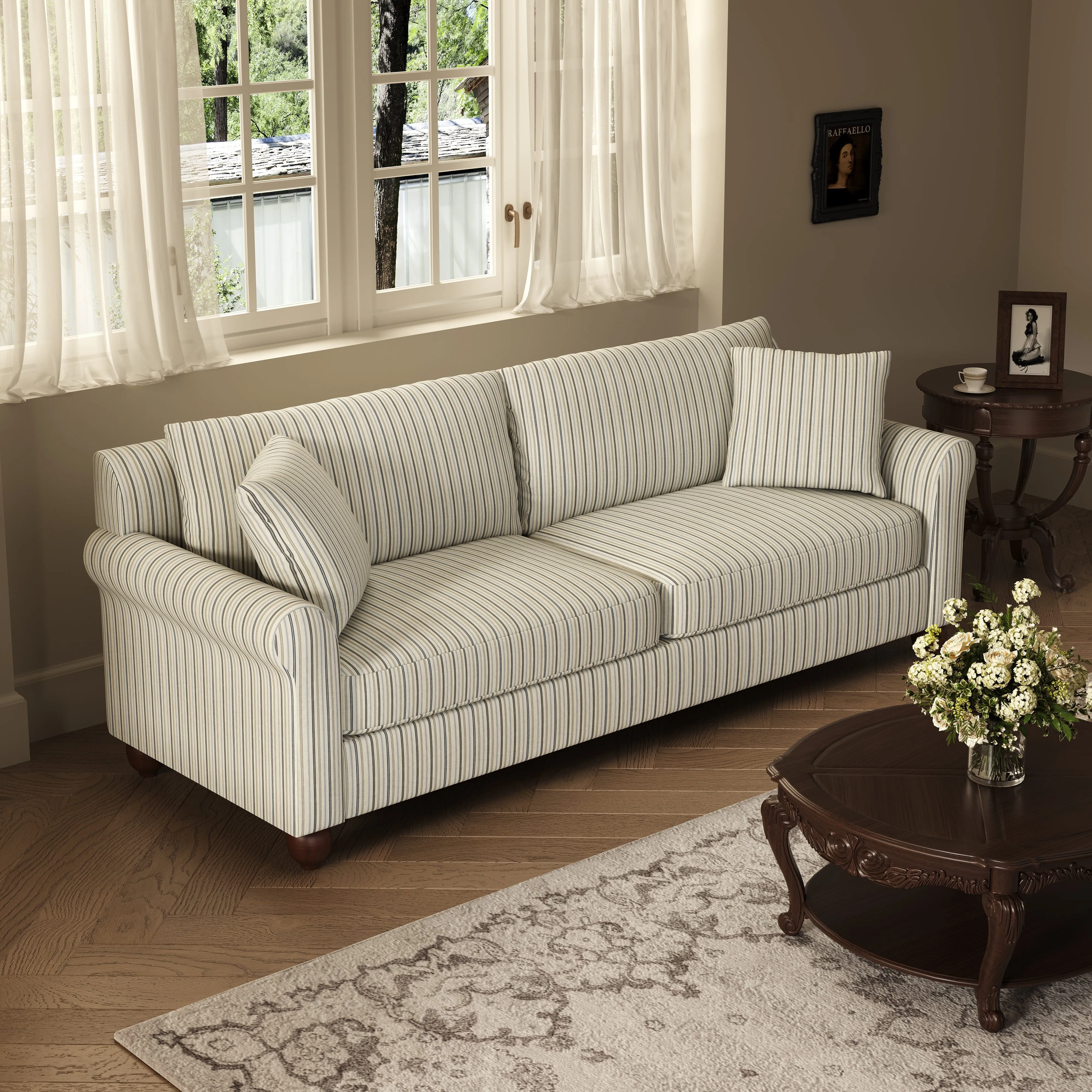 2-Seater Sofa with Rolled Arms - Striped, Cotton image