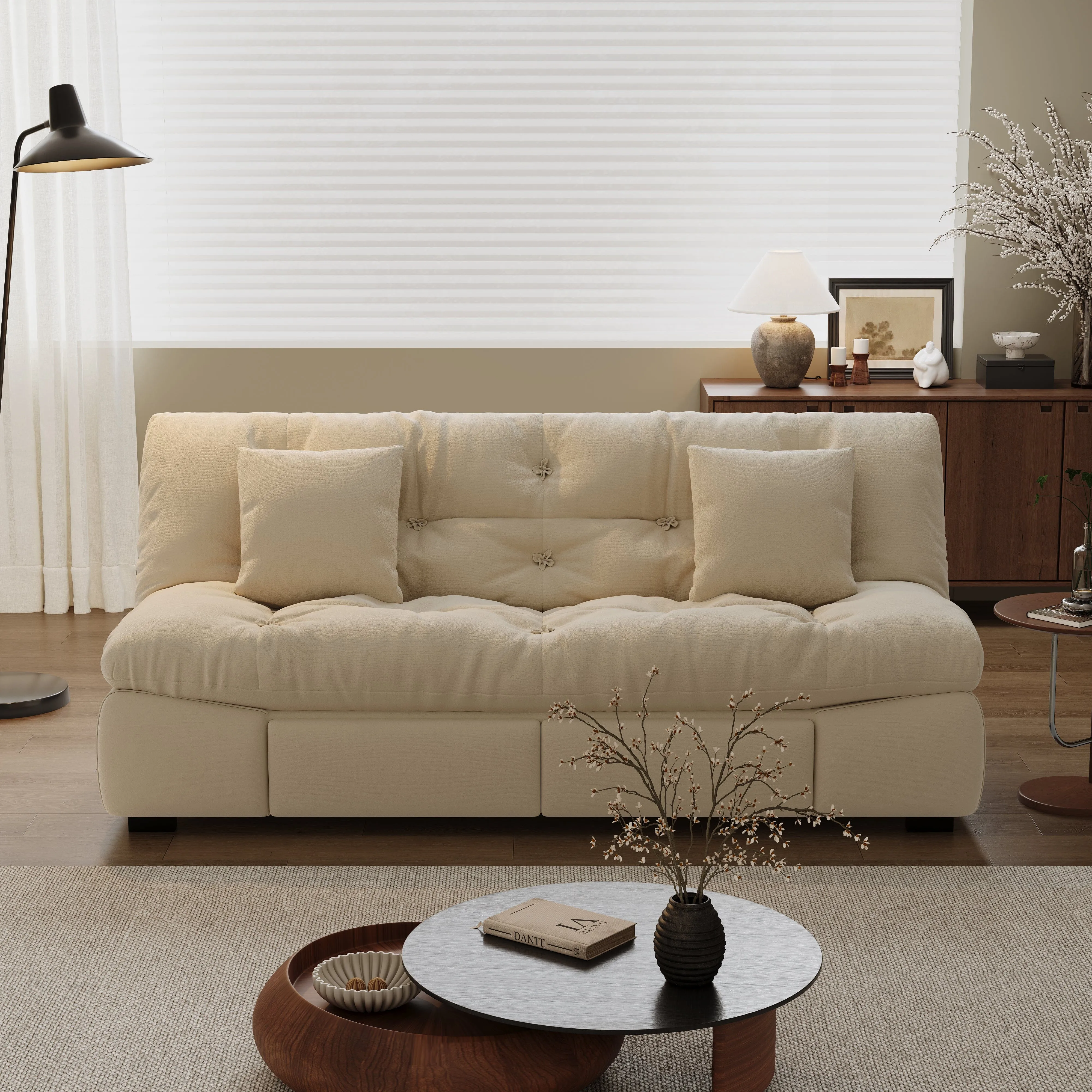 Double Folding Sofa Bed with Storage - Beige, Velvet