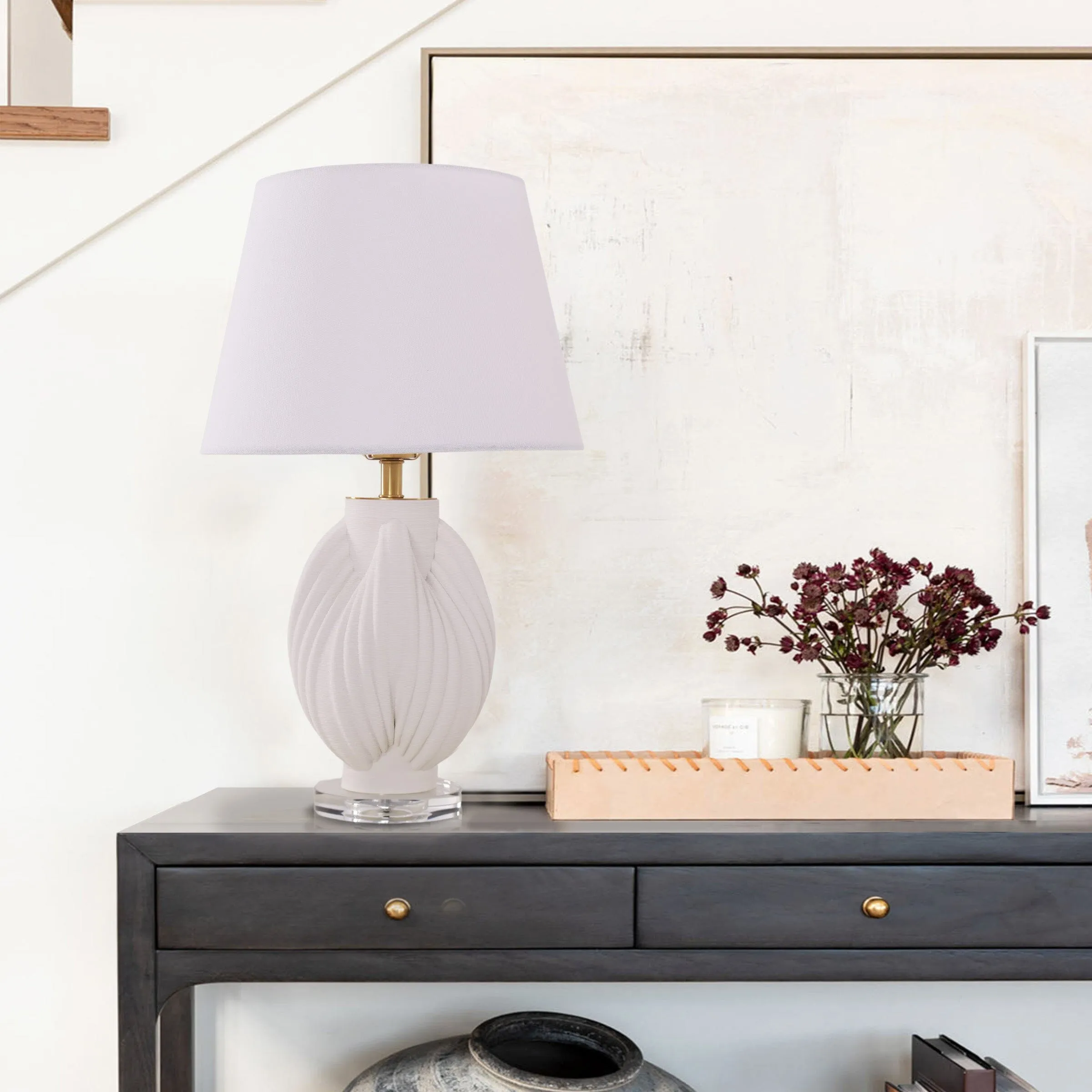 3D Pod Table Lamp with Fabric Shade - White, Ceramic image