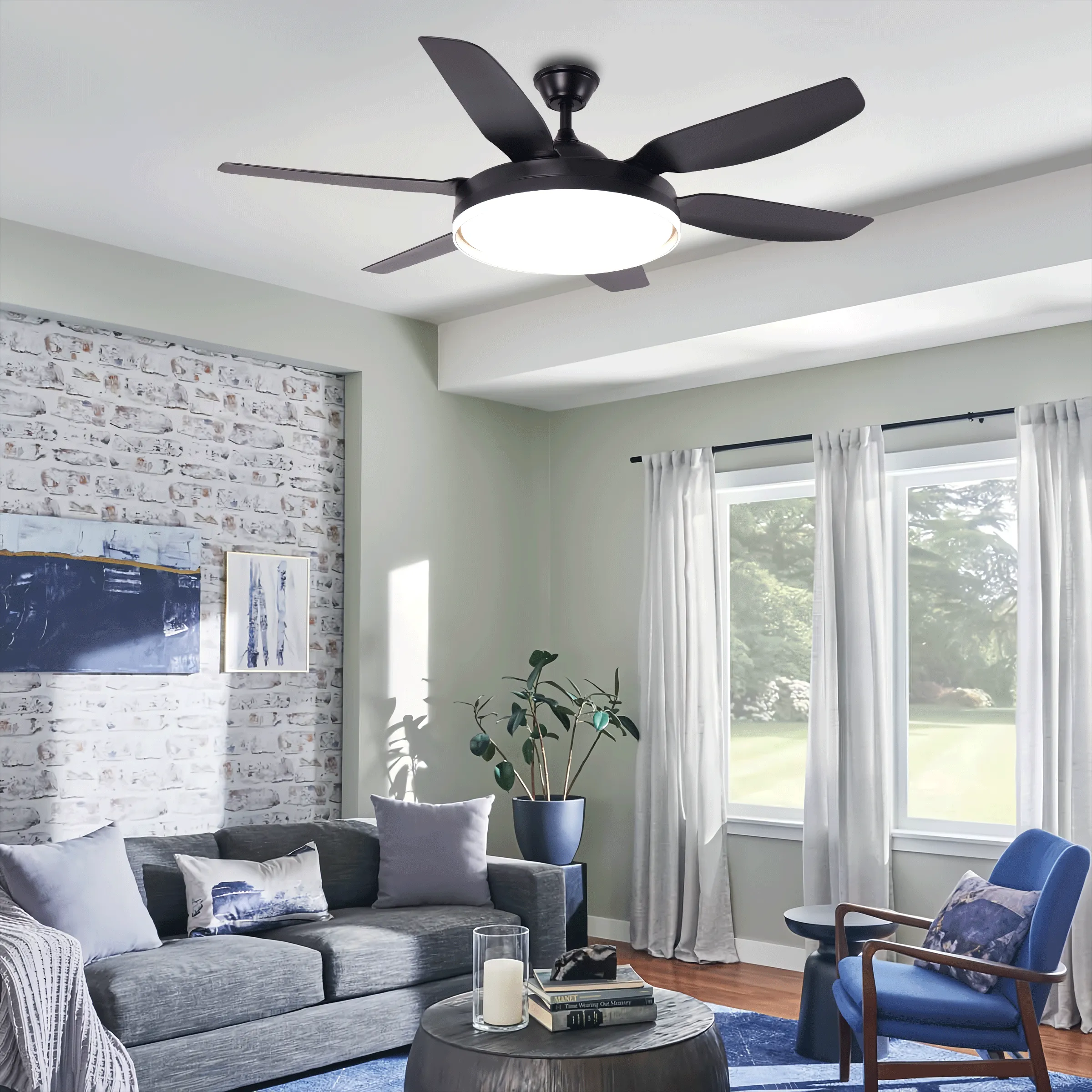 6-Blade Ceiling Fan with Light - Black, Acrylic image