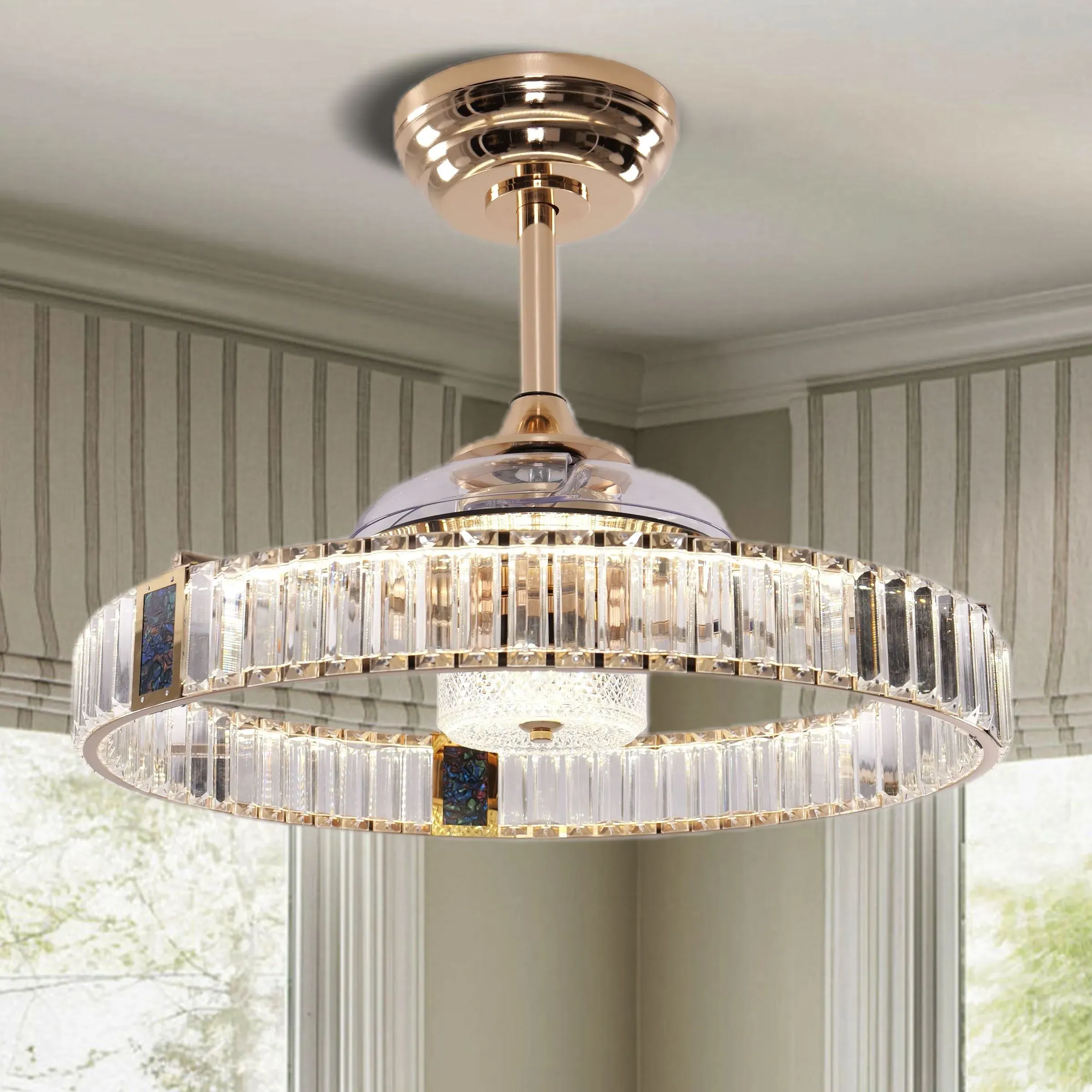 Ceiling Fan with Light & Crystal Accent - Gold