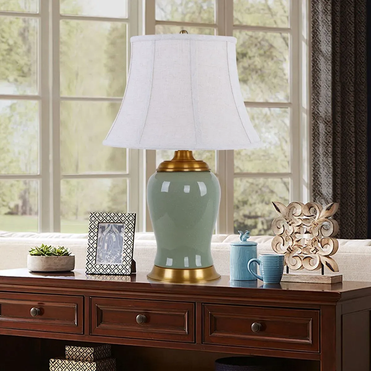 Ceramic Table Lamp with Fabric Shade - Green image