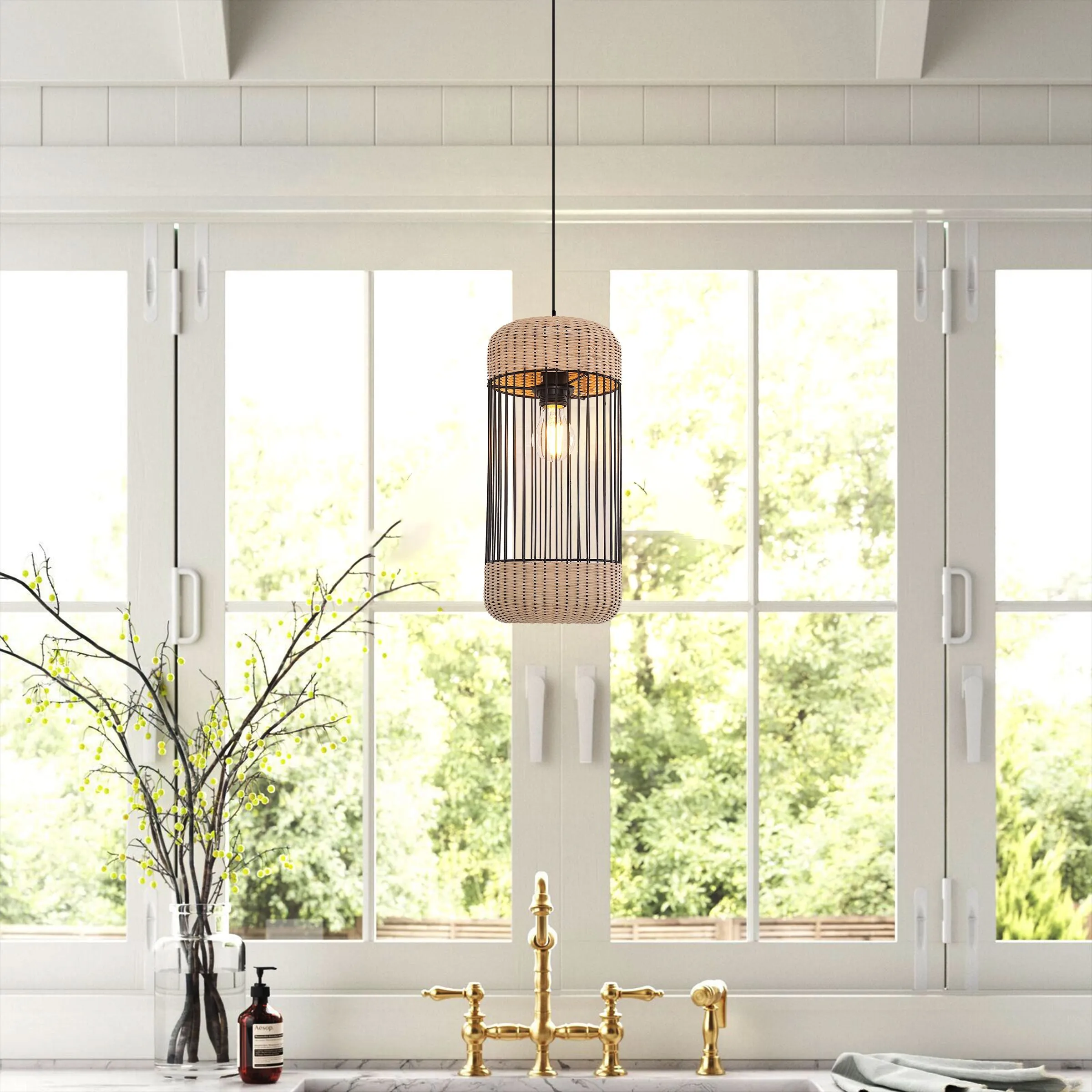 Cylinder Pendant Light with Woven Shade - Natural