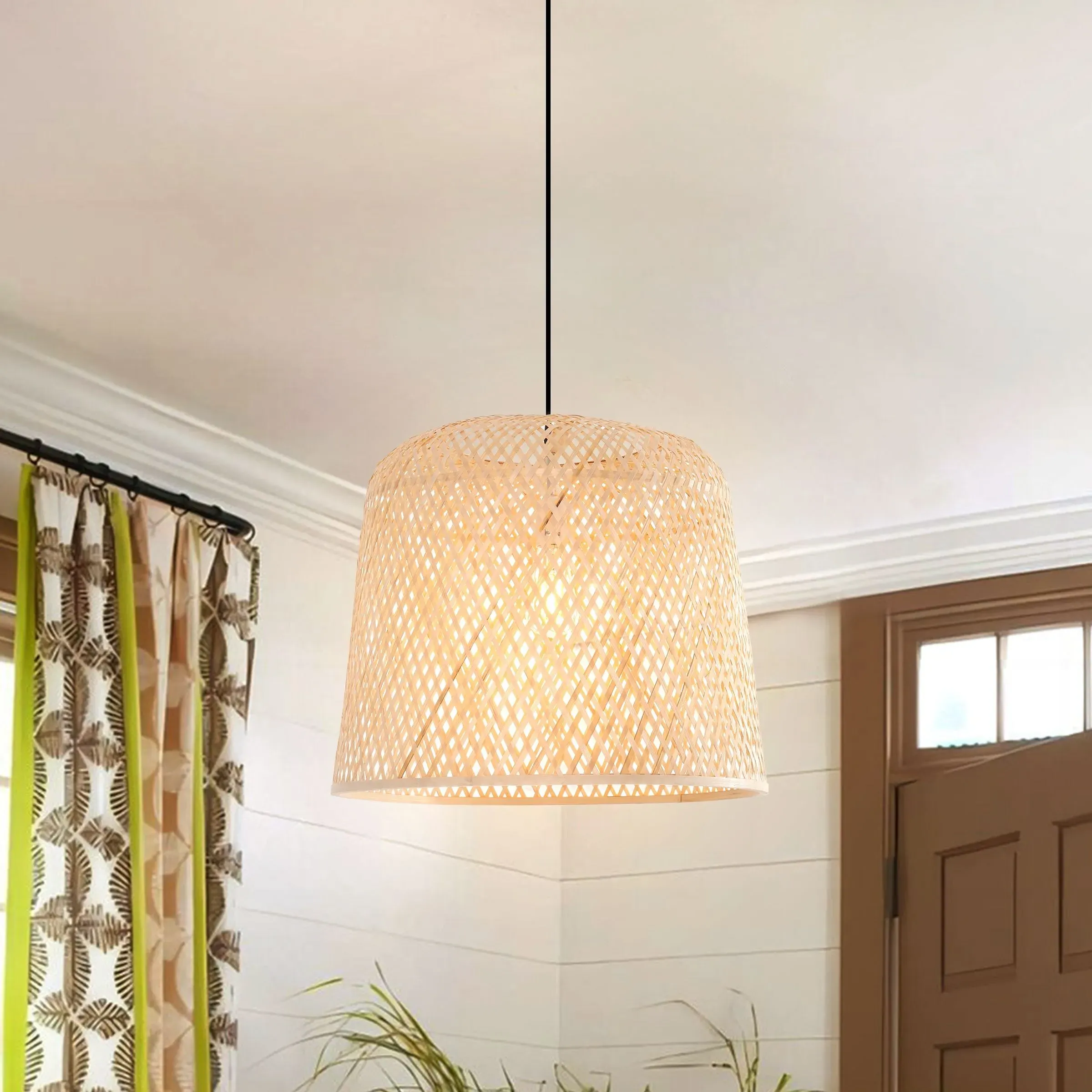 Cylindrical Pendant Light Cross-Weave - Natural Bamboo