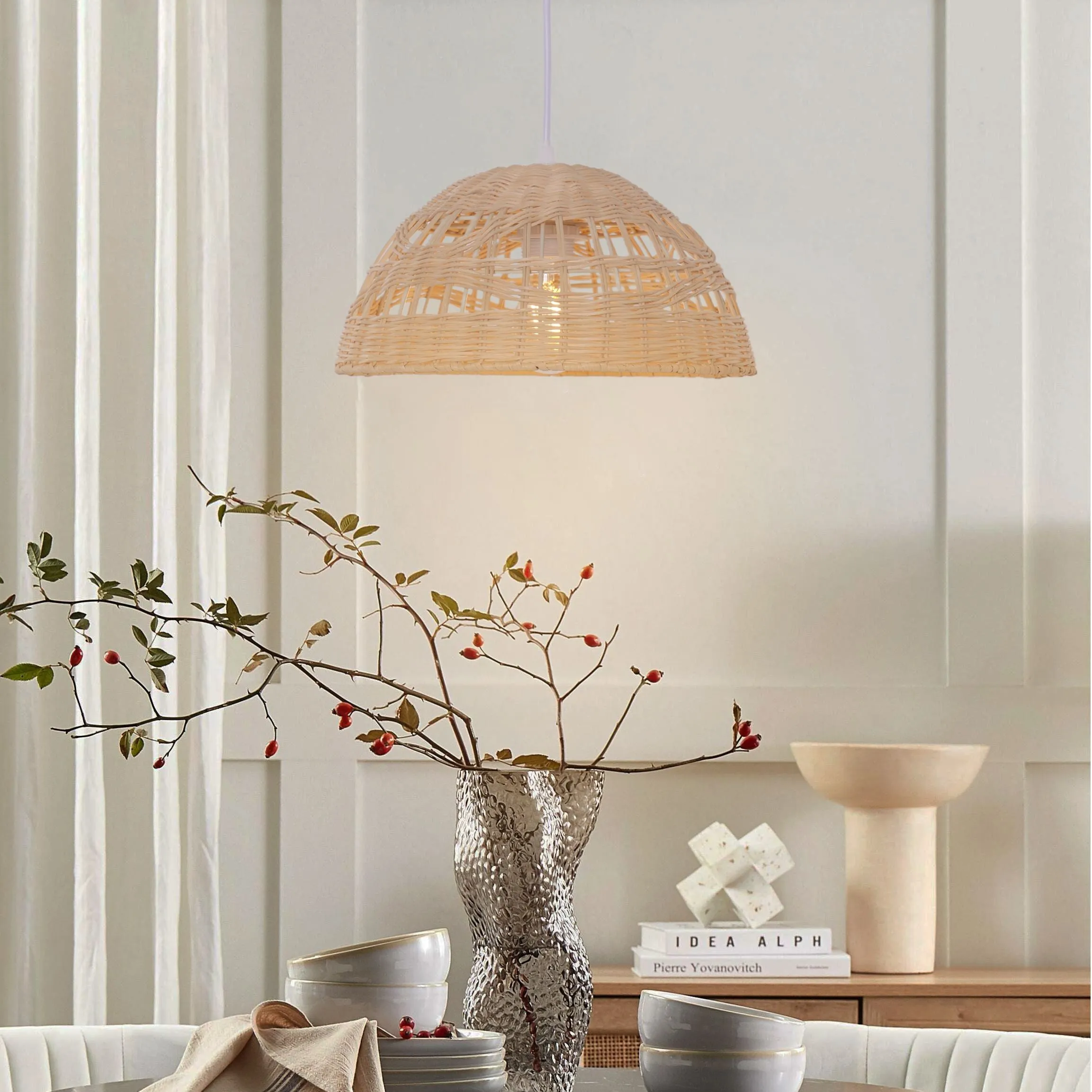 Dome-Shaped Pendant Light - Natural, Rattan
