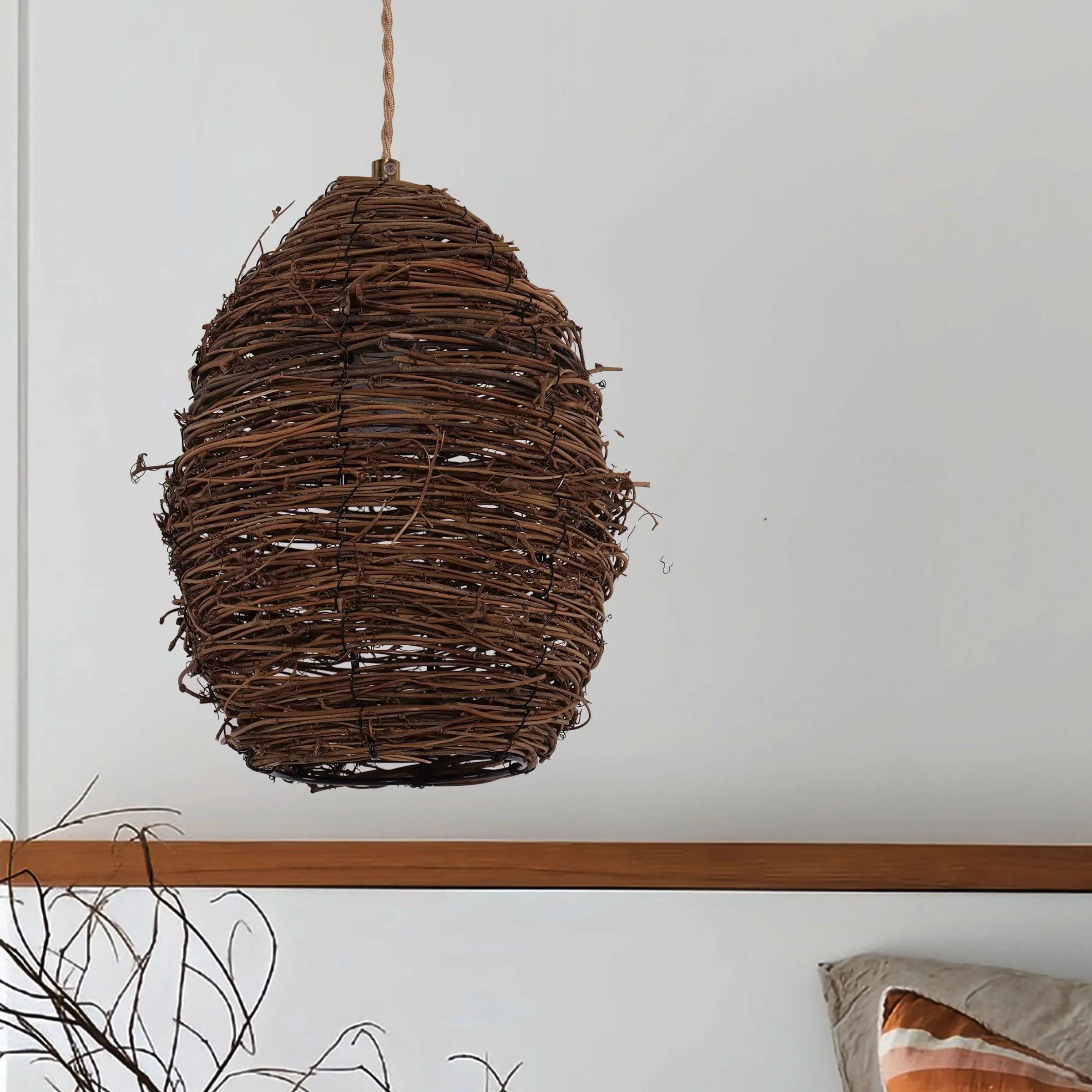 Egg-Shaped Pendant Light with Woven Design - Brown, Rattan image