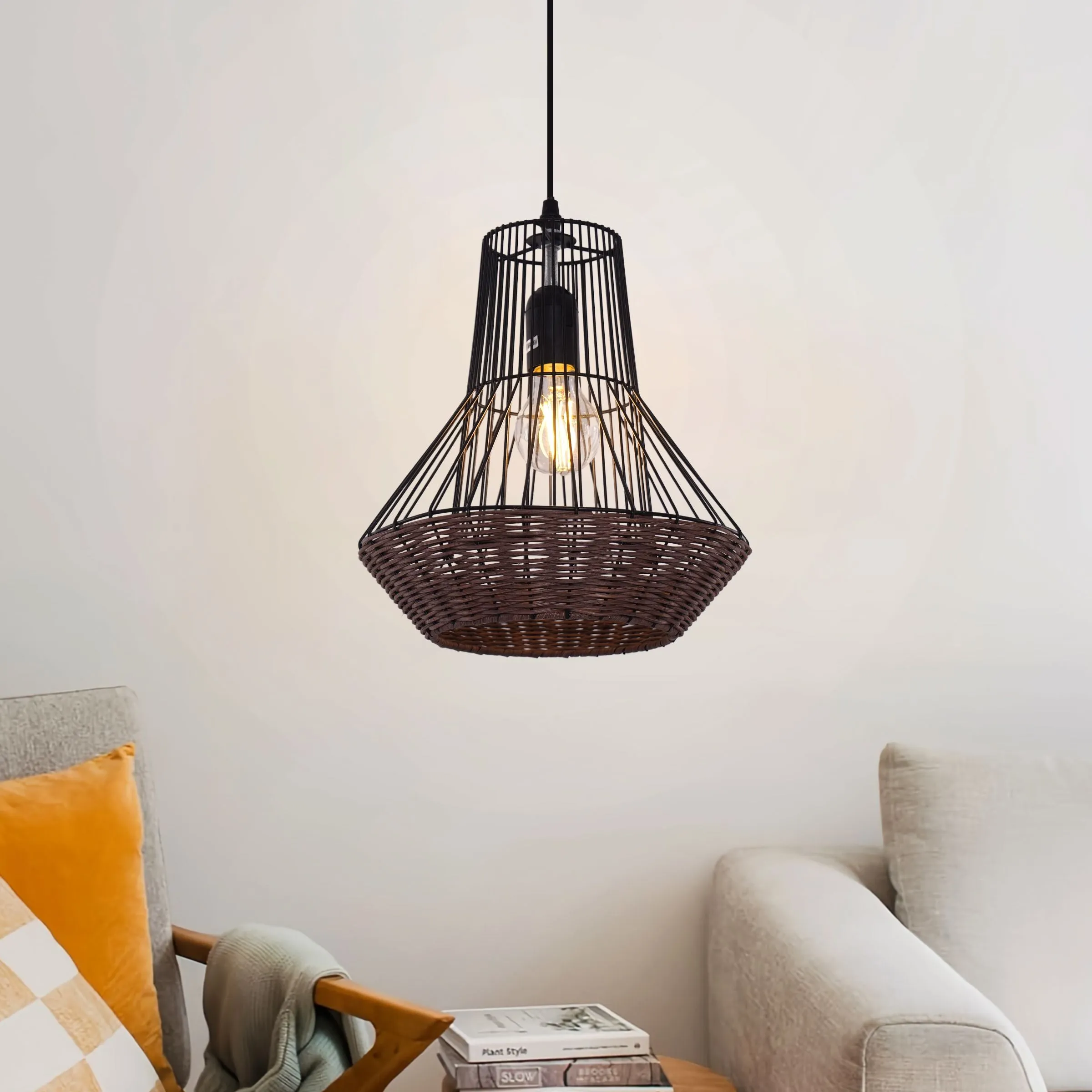 Geometric Pendant Light with Adjustable Height - Rattan