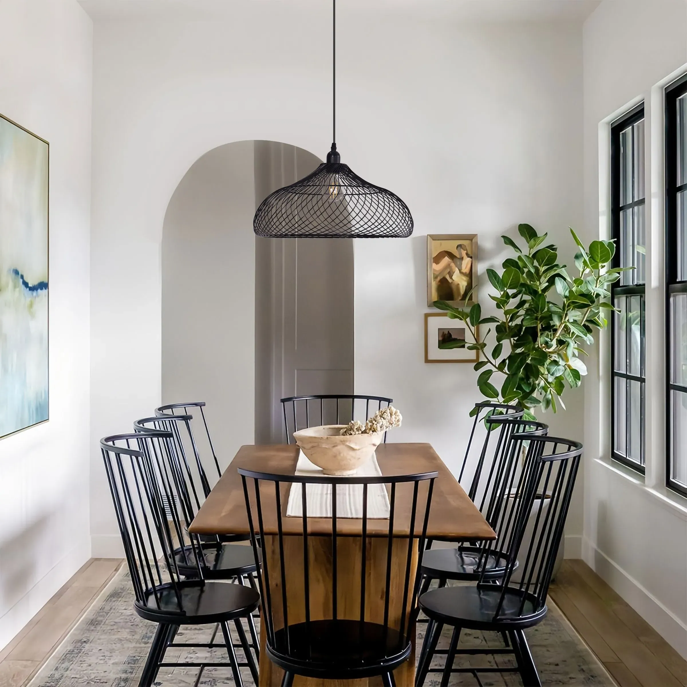 Geometric Pendant Light with Spiral Design - Black, Iron