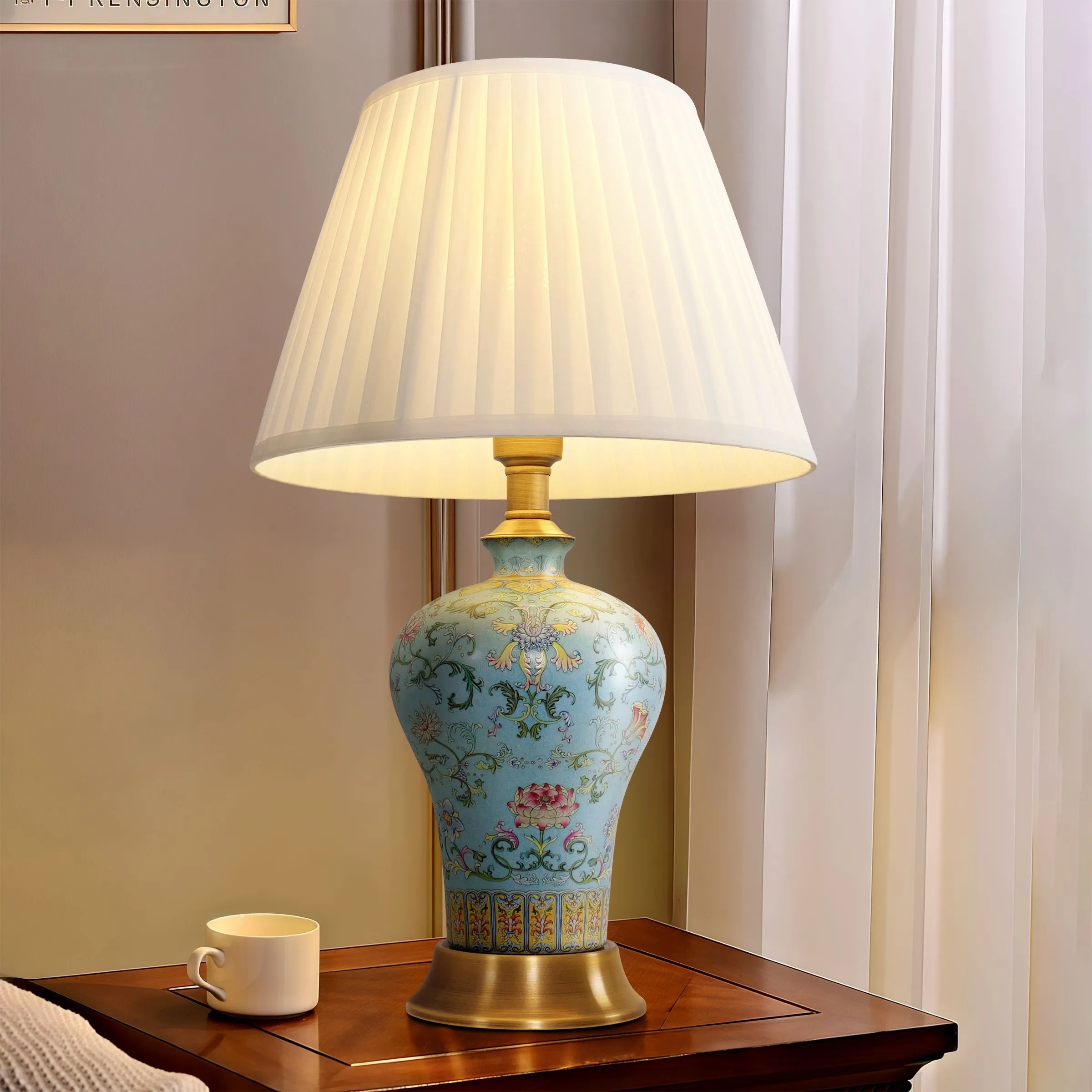 Handcrafted Table Lamp with Fabric Shade - Ceramic