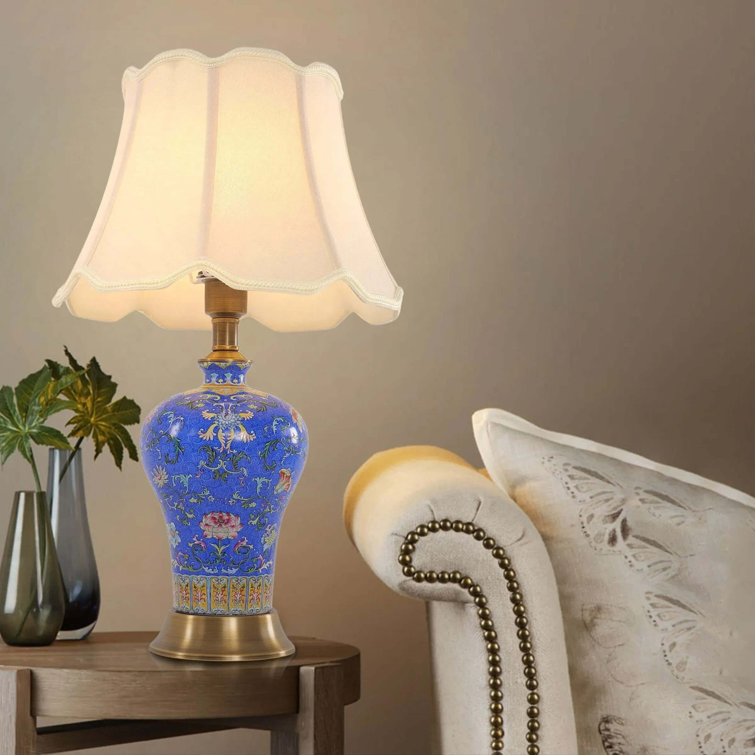 Handcrafted Table Lamp with Floral Design - Blue image