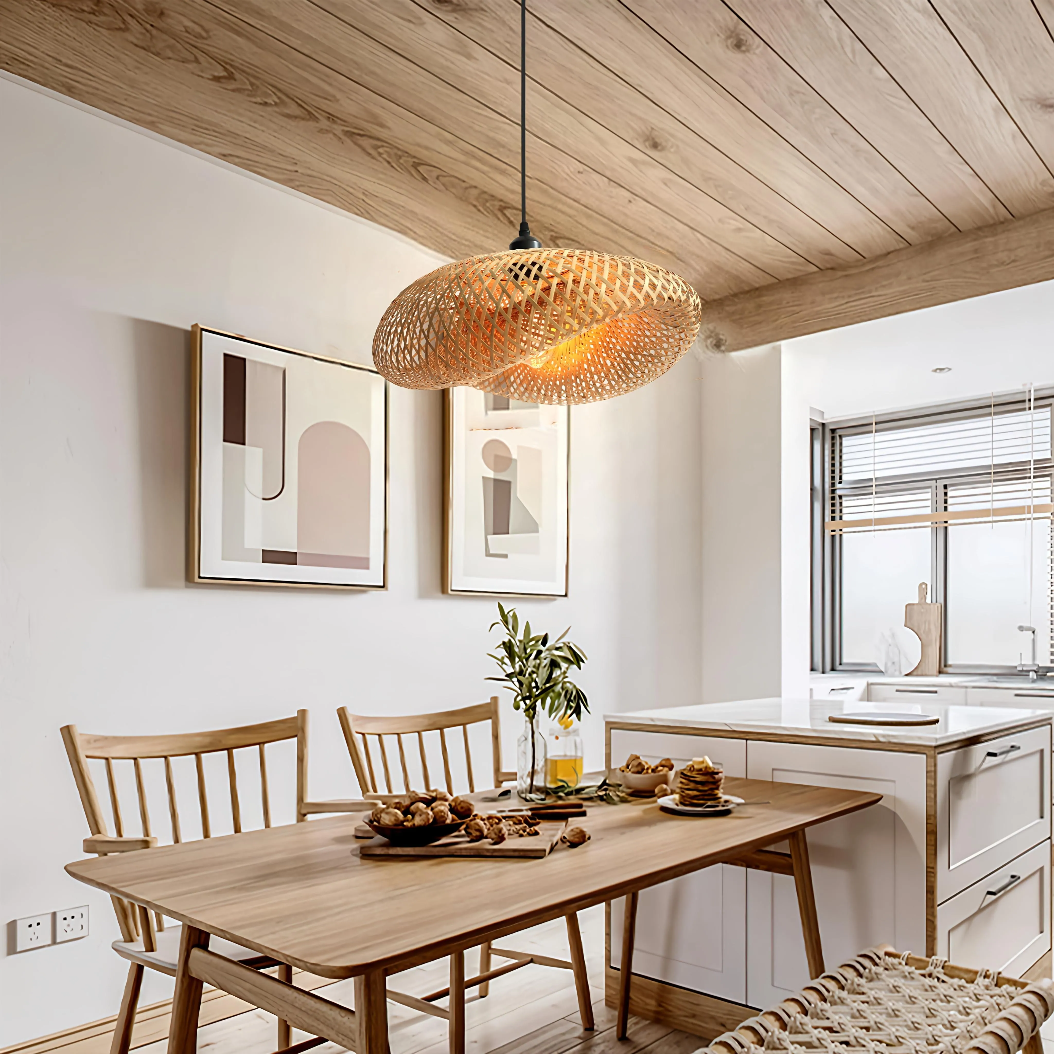 Handmade Pendant Light with Woven Shade - Brown, Bamboo