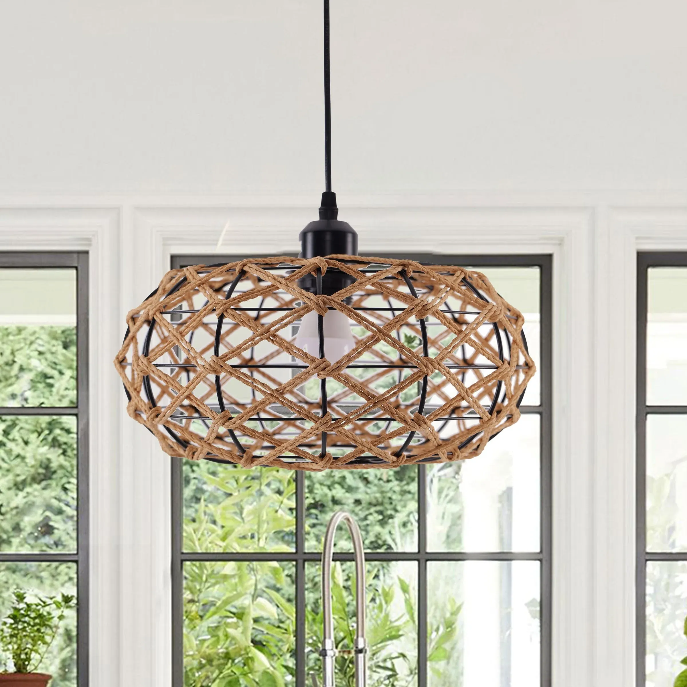 Handwoven Pendant Light with E27 Socket - Brown, Paper Rope image