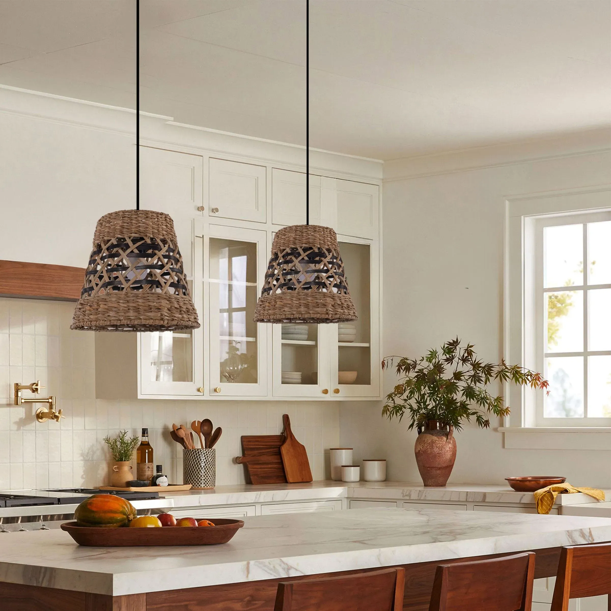 Handwoven Pendant Light with Rope - Brown, Straw