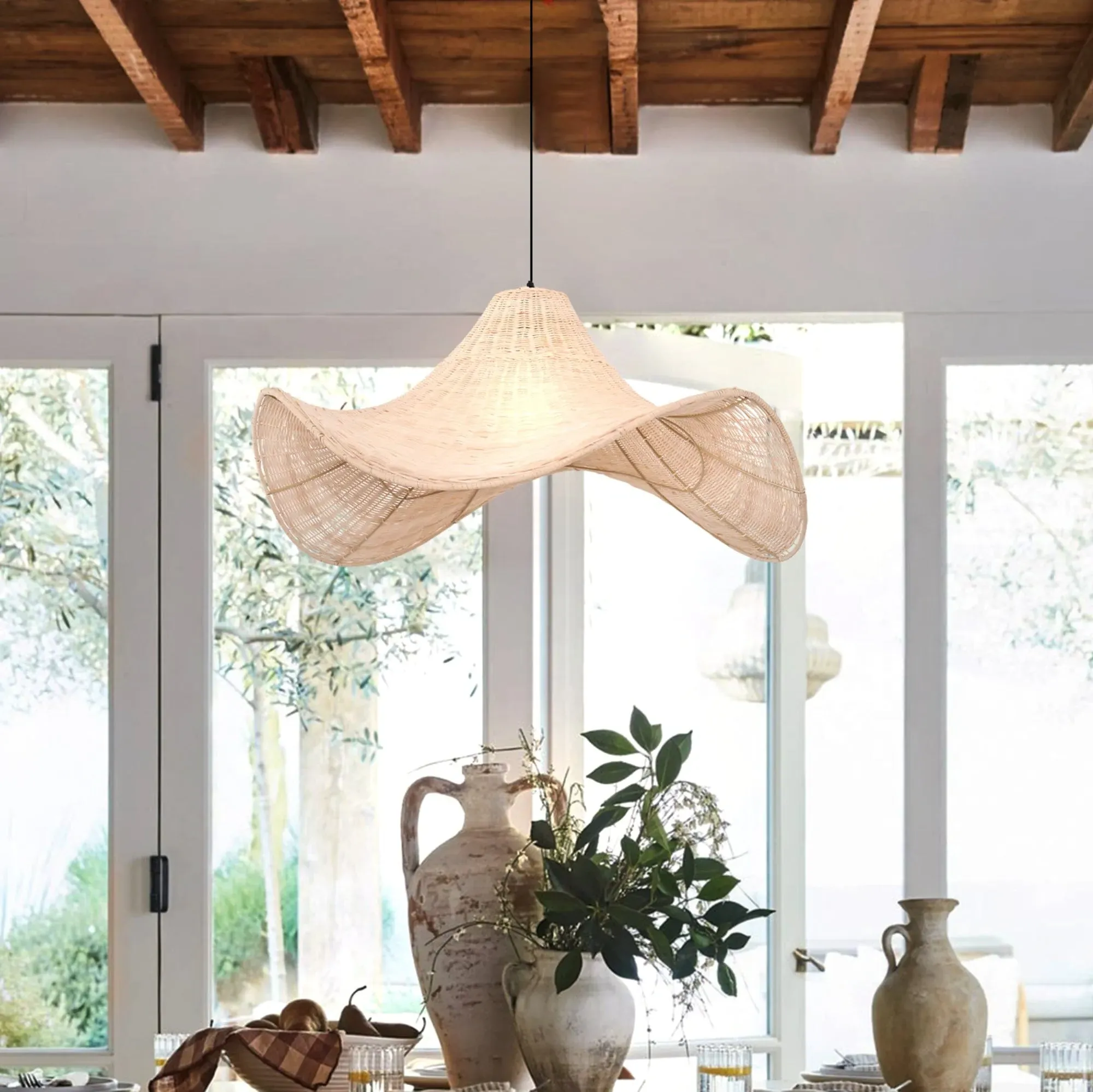 Hat-Shaped Pendant Light with Woven Shade - Natural, Rattan