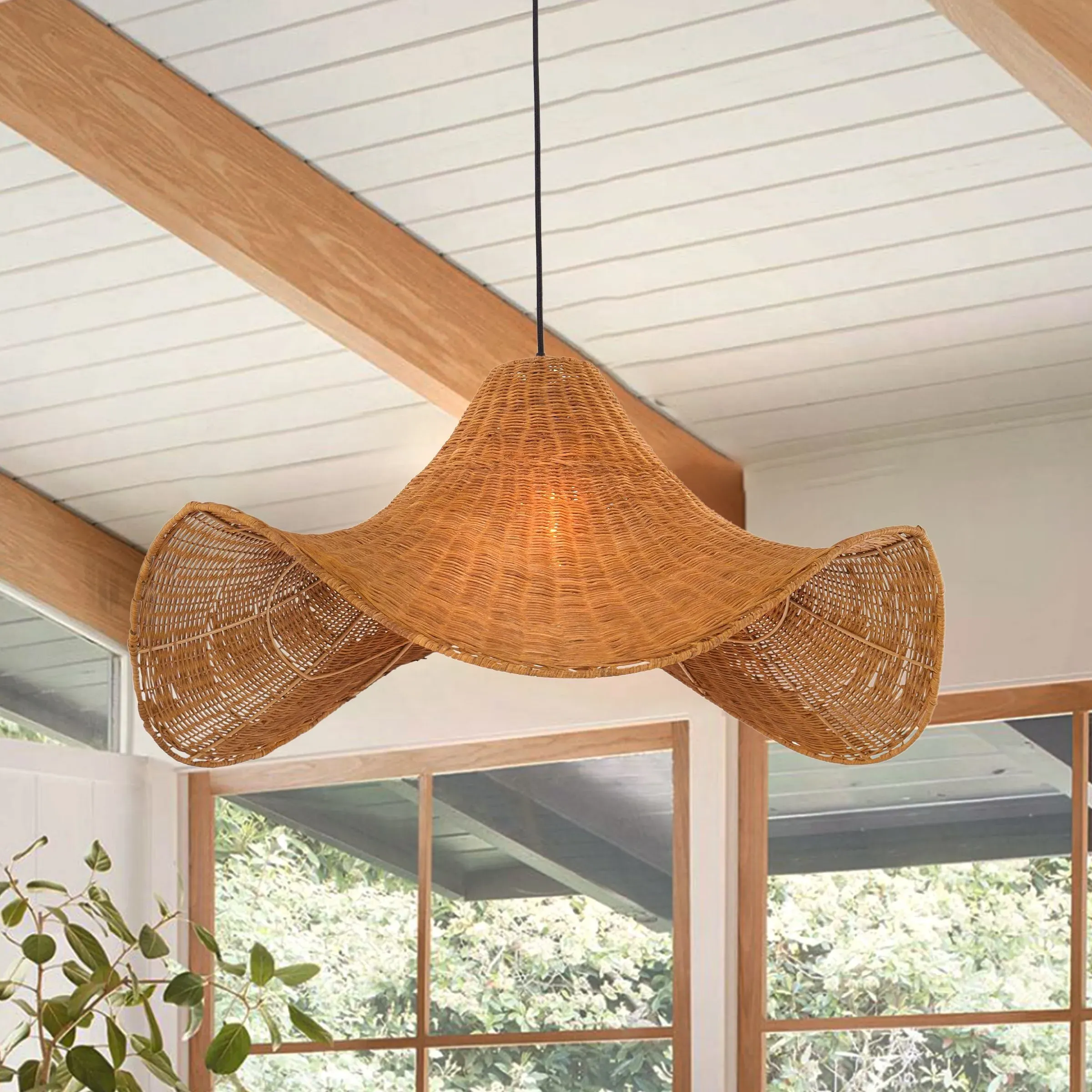 Hat-Shaped Pendant Light with Woven Shade - White, Rattan