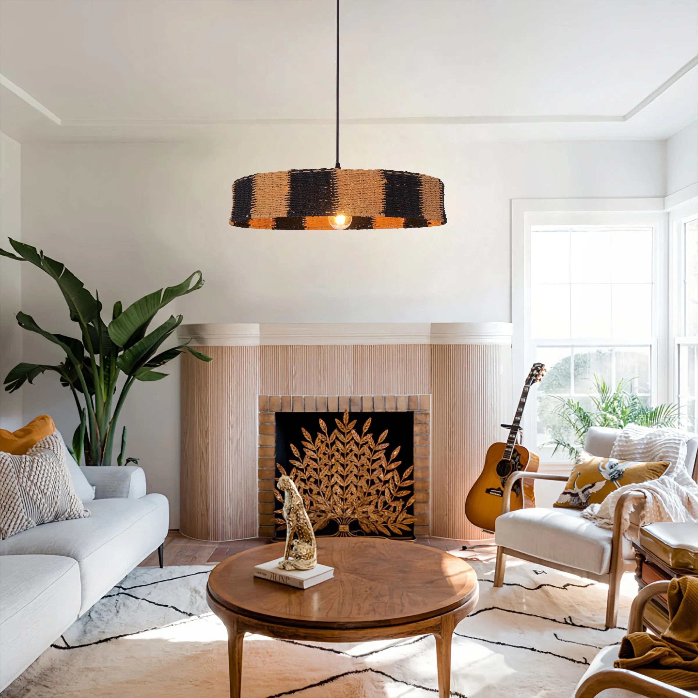 Hexagonal Pendant Light with E27 Socket - Khaki, Rattan