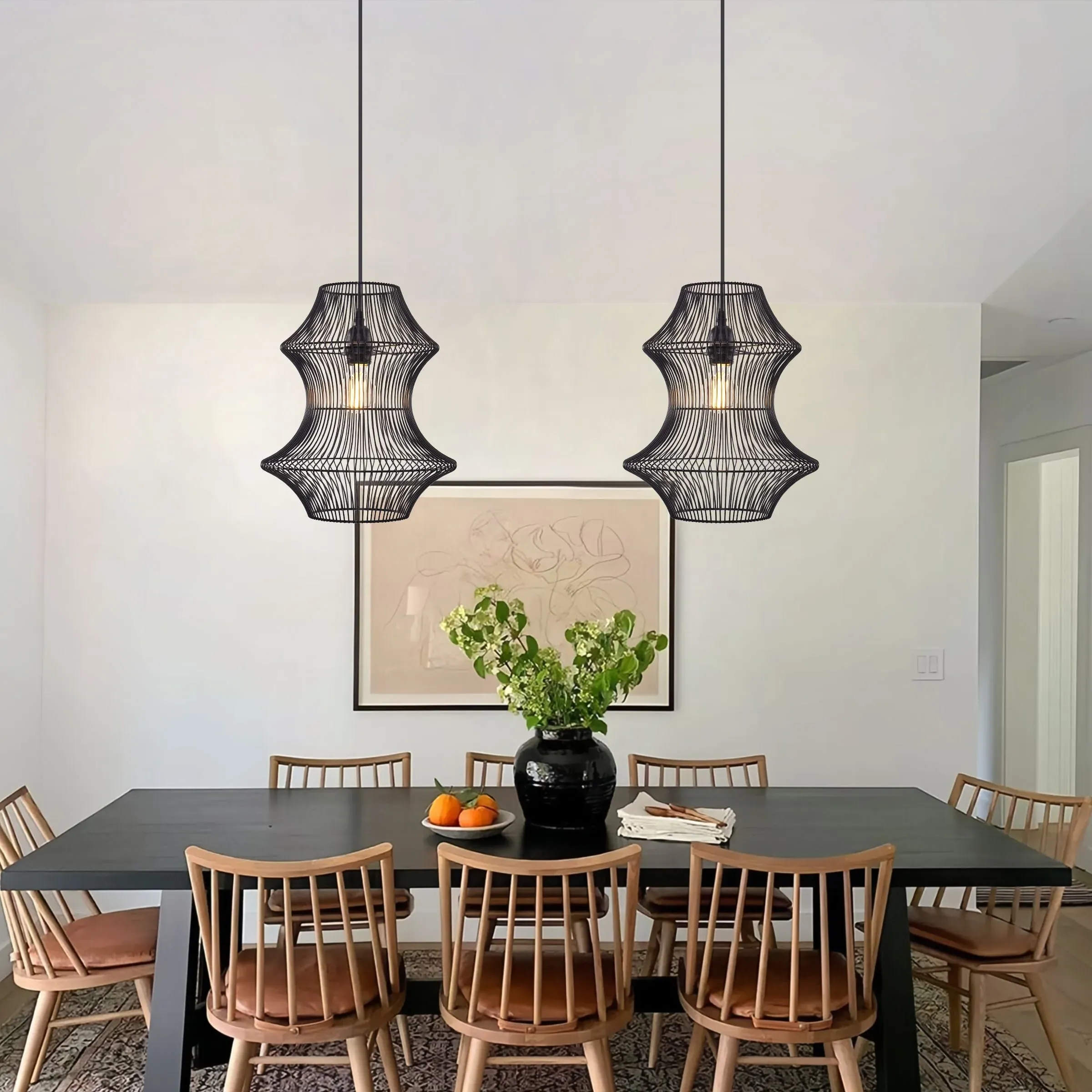 Hourglass Pendant Light with Wireframe - Black, Iron
