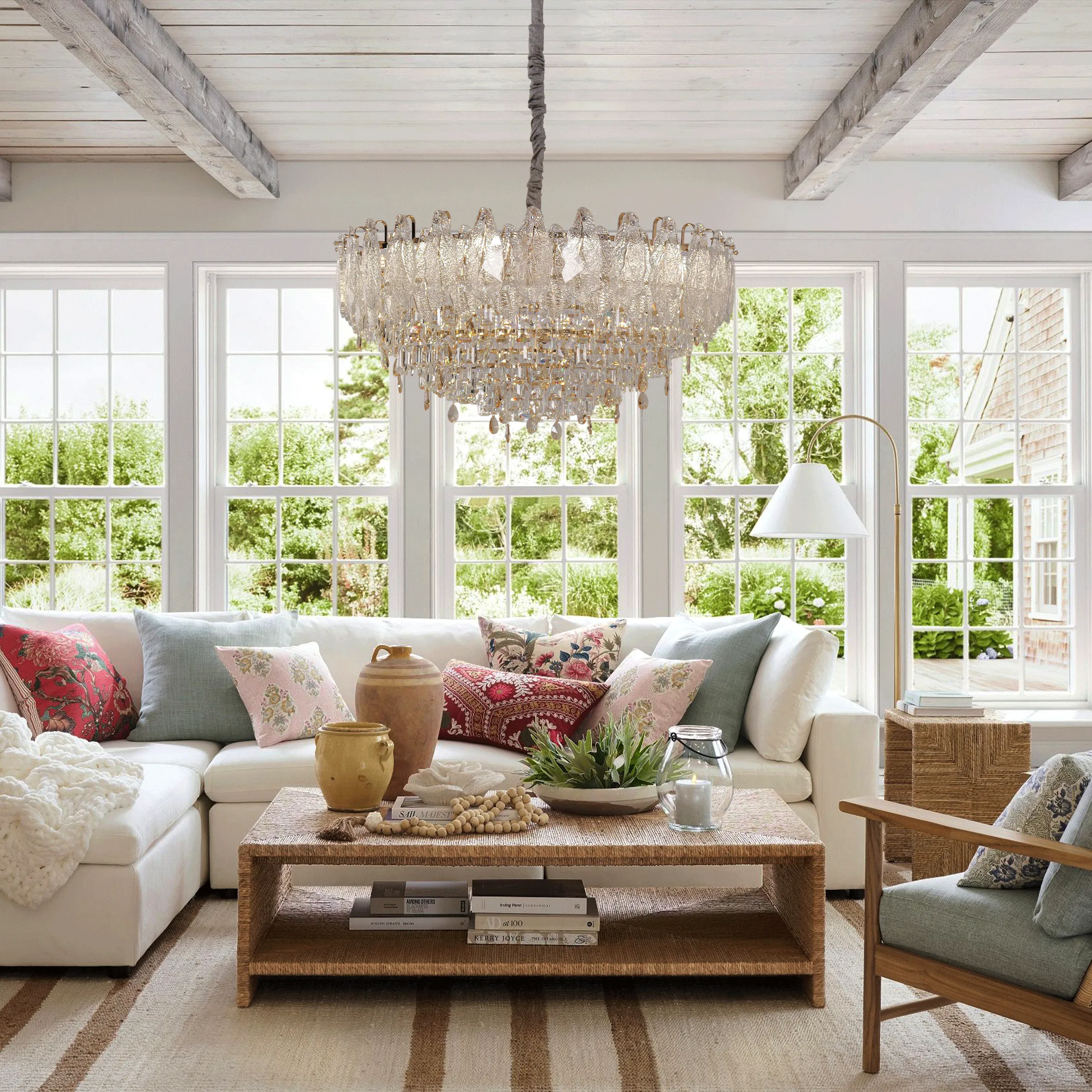 Large Pendant Chandelier with Crystal Leaves - Gold