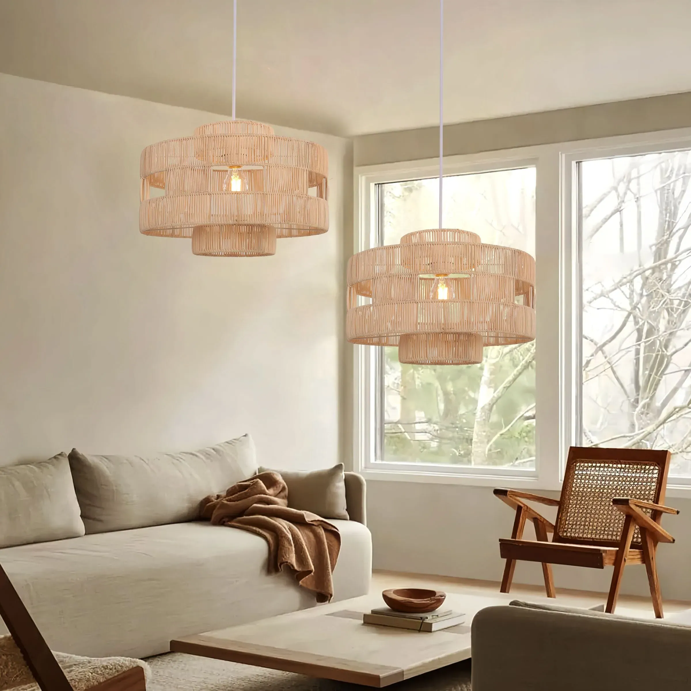 Layered Pendant Light with Geometric Design - Natural, Rattan