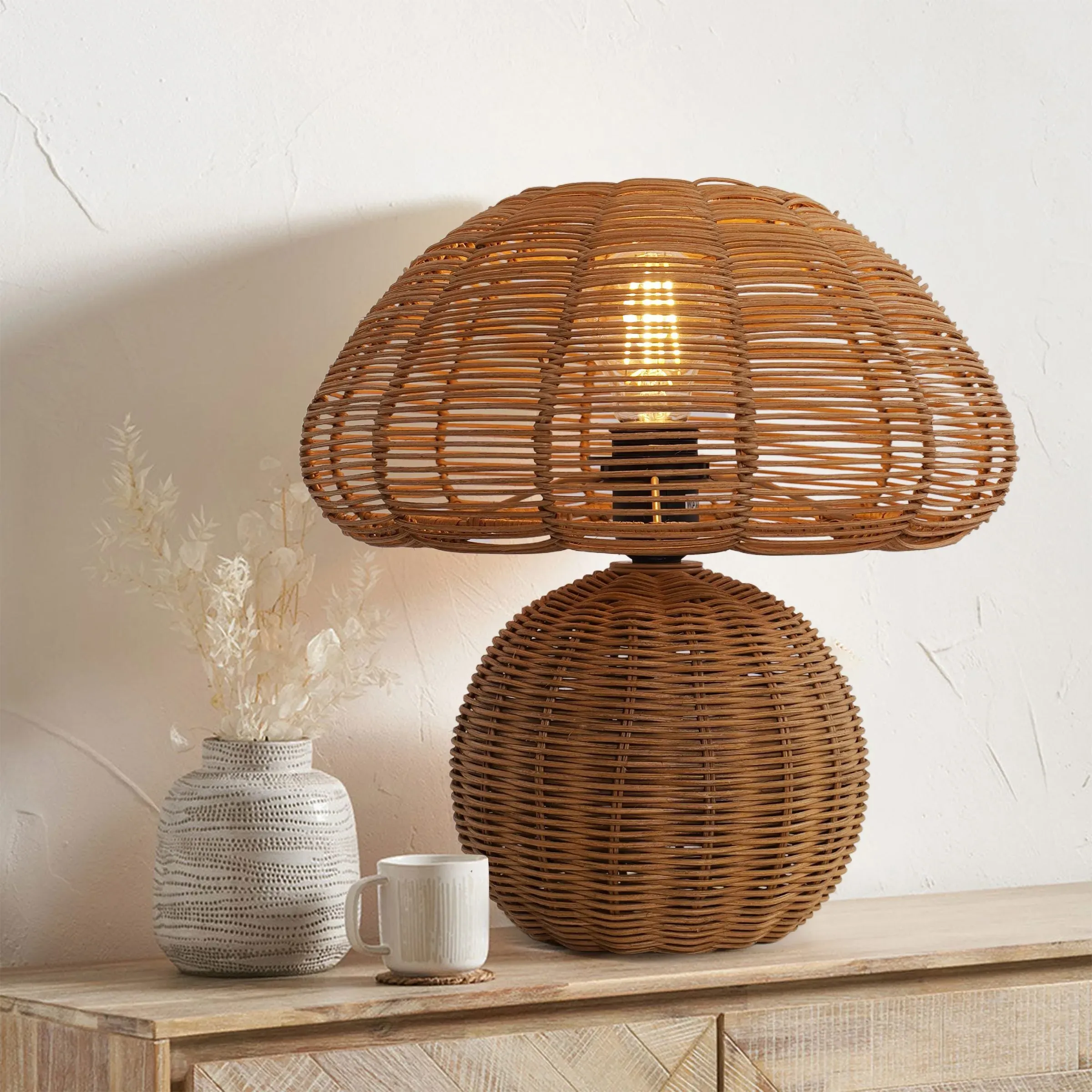 Mushroom Table Lamp Handcrafted - Natural, Rattan