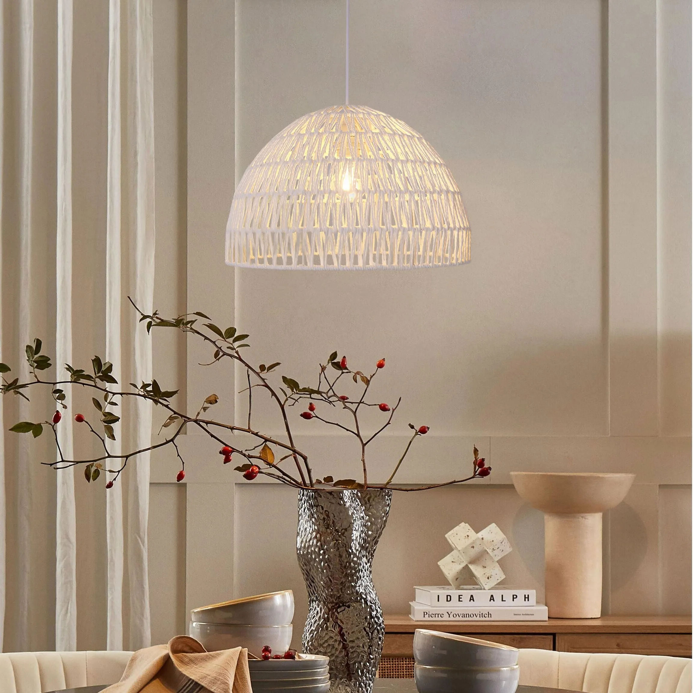 Pendant Light Handwoven - White, Paper Rope image