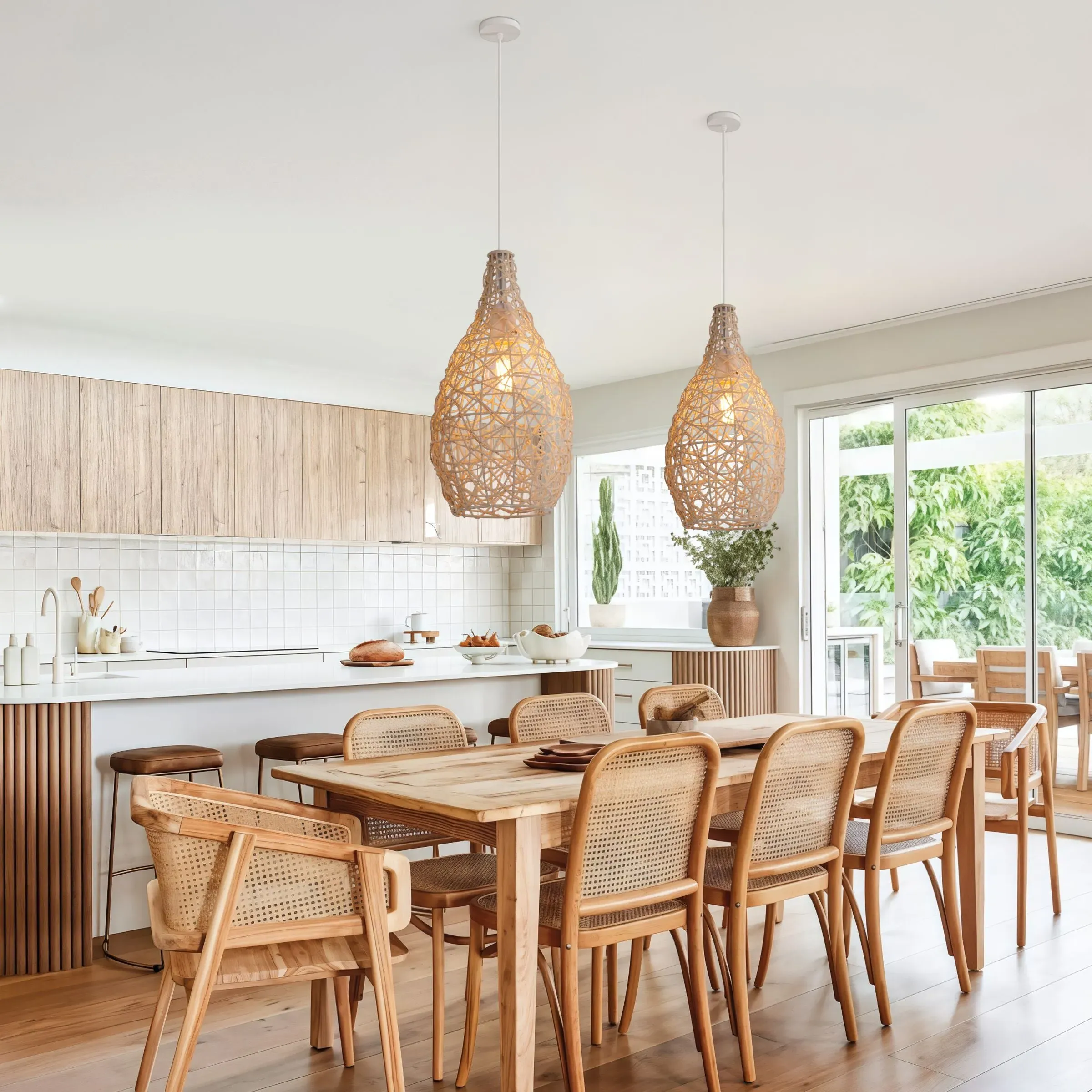 Pendant Light with Iron Frame - Natural, Bamboo