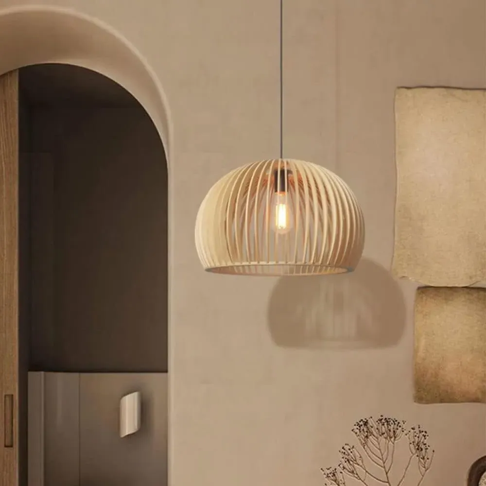 Pumpkin Pendant Light with E27 LED - Natural Wood