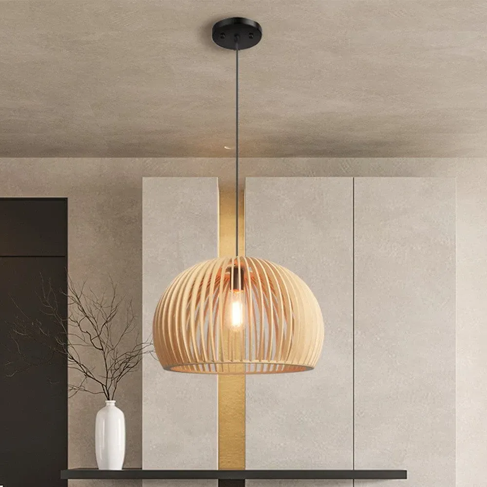 Pumpkin Pendant Light with E27 LED - Natural Wood image